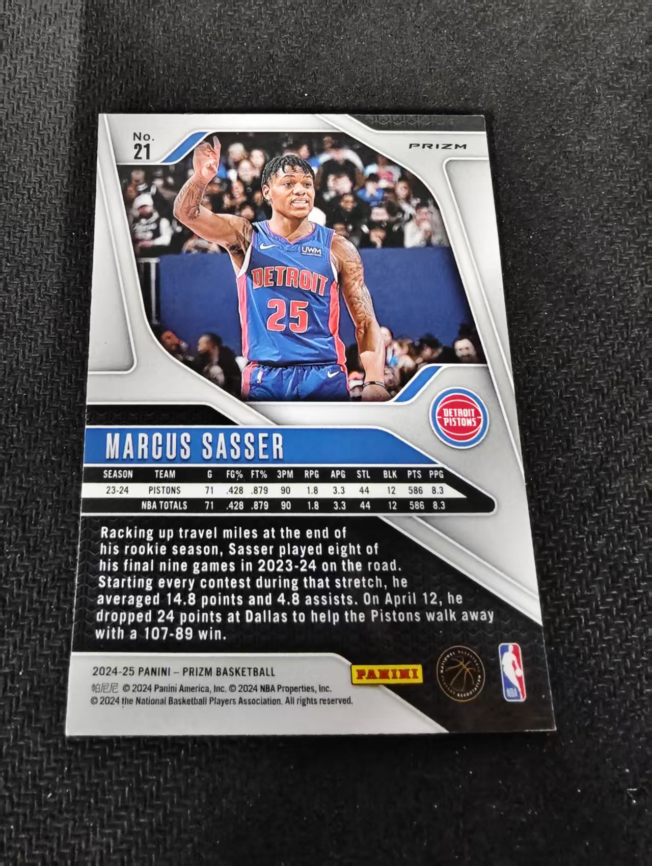 2024-25 Panini Prizm Marcus Sasser 马库斯萨瑟 活塞 绿碎冰 PZ 划痕 边角瑕疵 #21