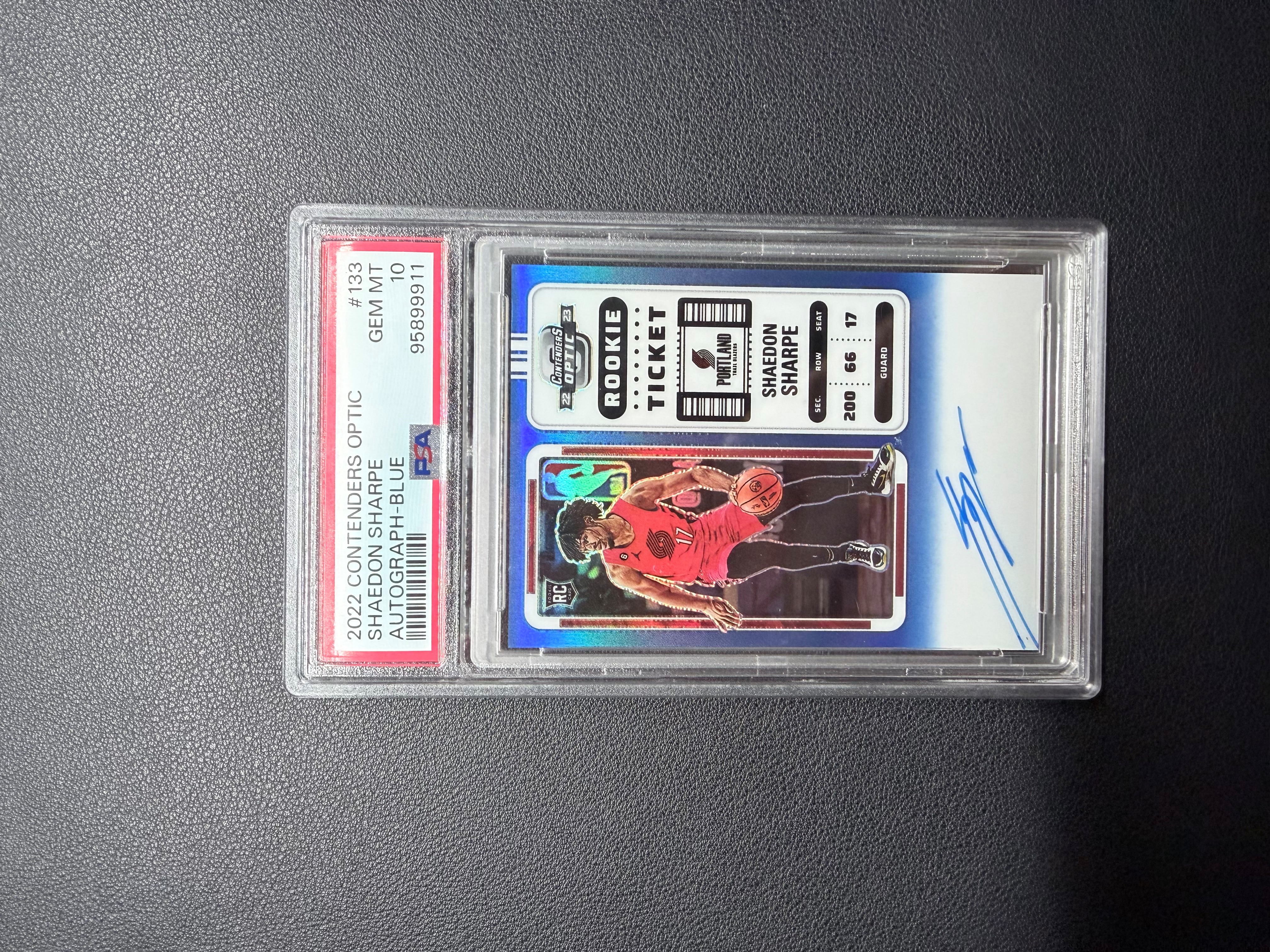 2022 Panini Contenders Optic Shaedon Sharpe 谢登 夏普 球票系列 竖版正蓝折 有价 49编卡签 签字 PSA评级10分 开拓者核心 状态爆炸 未来可期