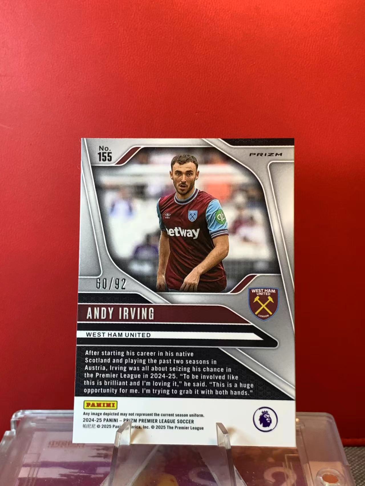 (詹叔代拍)2024-25 Panini Prizm 英超 PZ Andy Irving 安迪 欧文 RC新秀 60/92编 紫白条纹双色折 折射 西汉姆联 顺丰寄付 泰山