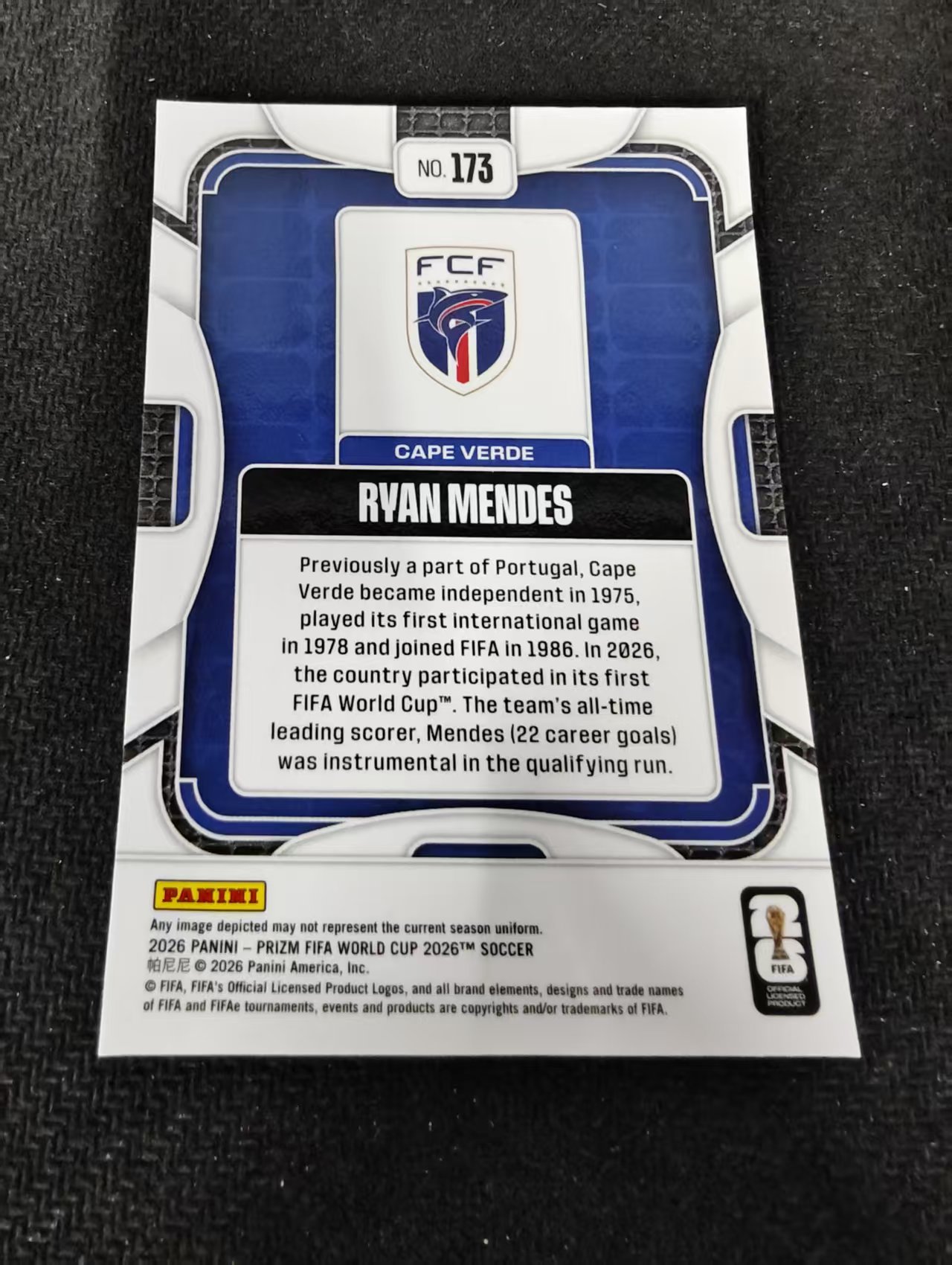 2026 Panini World Cup Prizm Ryan Mendes RC 世界杯Prizm 佛得角 瑞安 门德斯 PZ世界杯 划痕 边角瑕疵#173