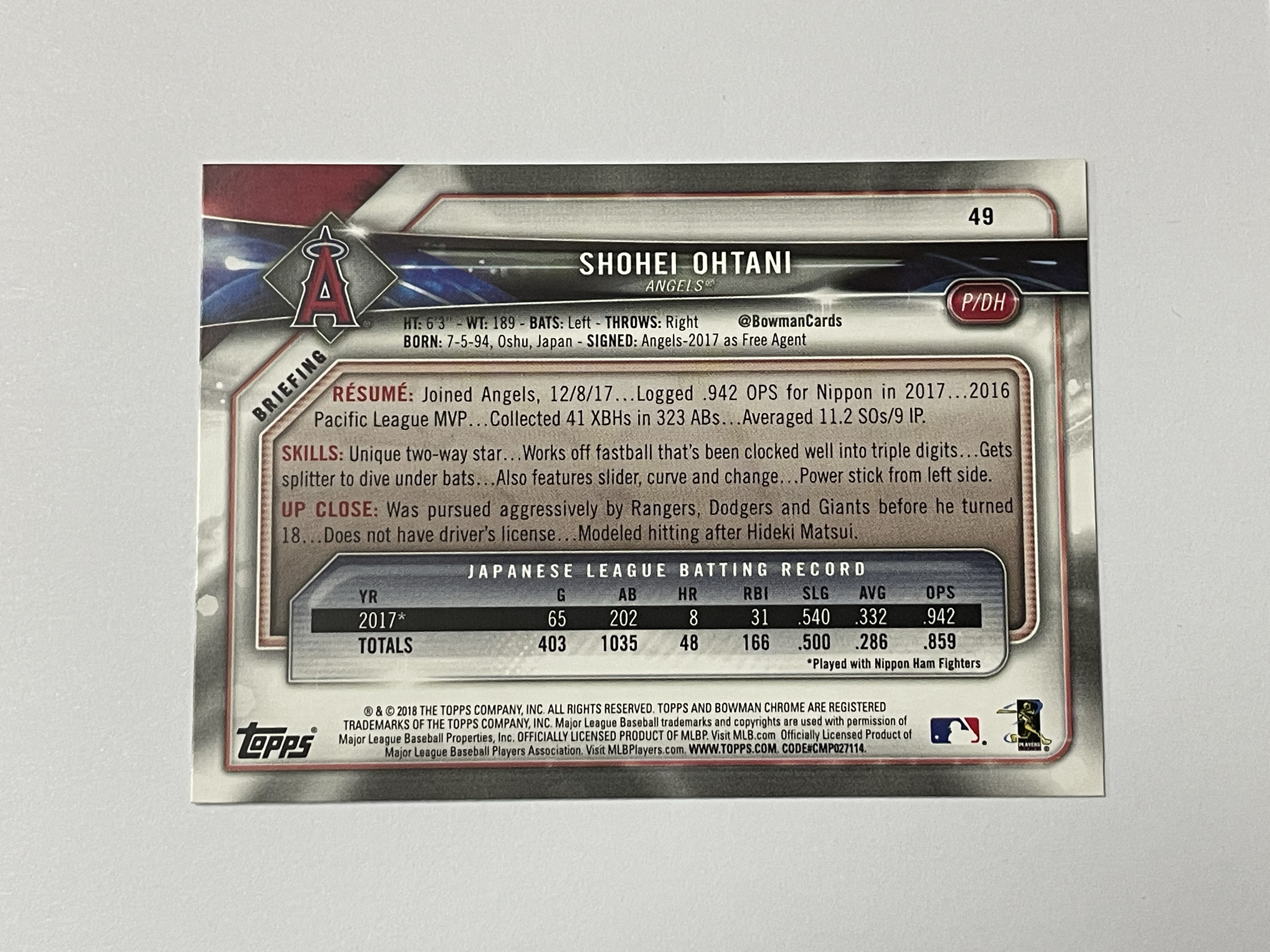 2018 Topps Bowman Shohei Ohtani RC 洛杉矶天使 大谷翔平 新秀 Base