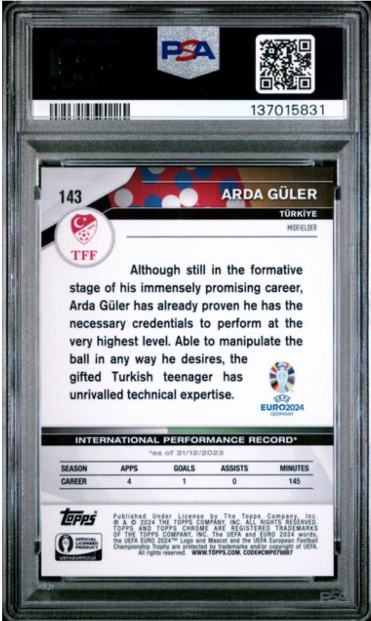 2024 Topps Chrome Guler TC 元年 欧洲杯 居莱尔 /11编 XI/编 罗马折 皇马 皇家马德里 土耳其 Turkey PSA评级 姆巴佩 维尼修斯 贝林厄姆 队友 江枫拍卖