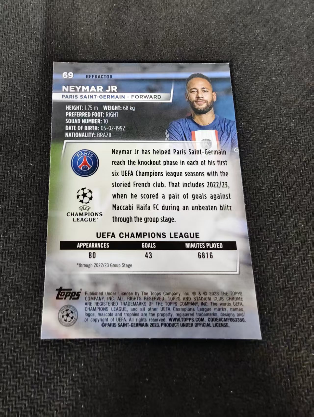 【可合并,不累计】2023 Topps Stadium Club Chrome Neymar jr 大巴黎 内马尔 欧冠 竞技场 银折 划痕 边角瑕疵 @69