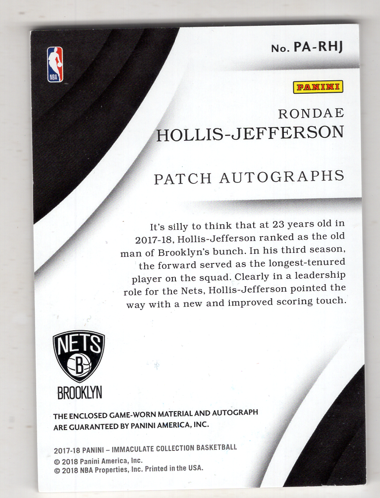 2017-18 Panini Immaculate Rondae Hollis-Jefferson 【来拆波卡】篮网 霍利斯 杰弗森 约旦科比 NPA 镜面 Patch 签字 卡签 24编 cjzs