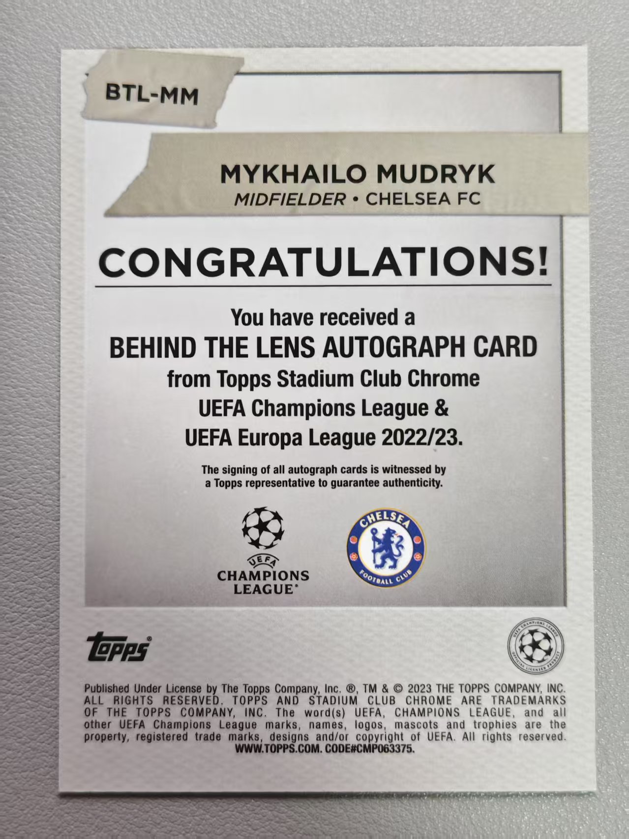 【阿泽代卖】2022-23 Topps Chrome Mykhailo Mudryk 欧战竞技场 切尔西 新秀 RC 穆德里克 签字 折射 银折 幕后签 选图巨帅 卡品如图 介意勿拍-MAN