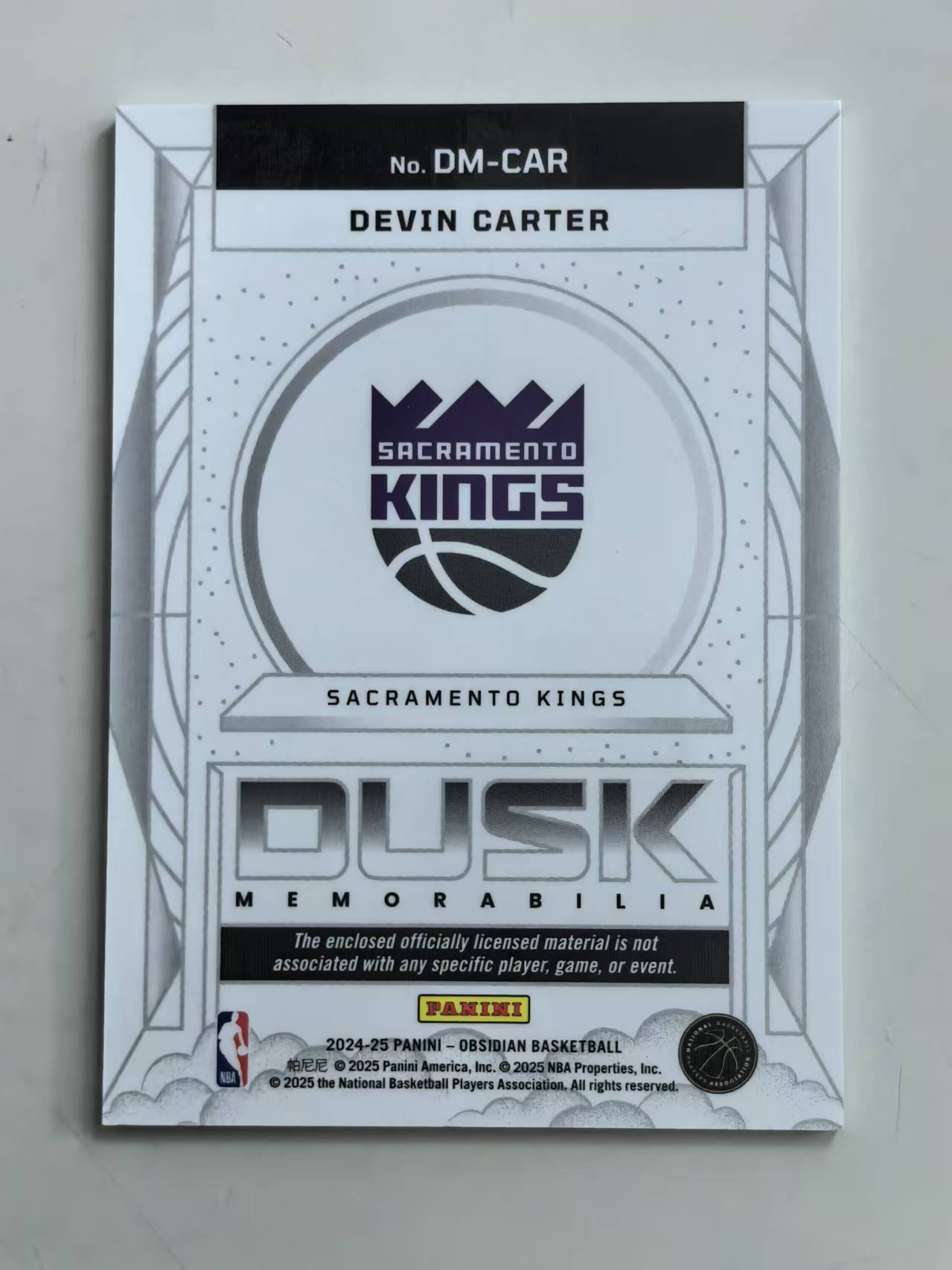 2024-25 Panini Obsidian Devin Carter RC #DM-CAR 新秀年 国王 球衣卡 物料切割 【黑魔苏】