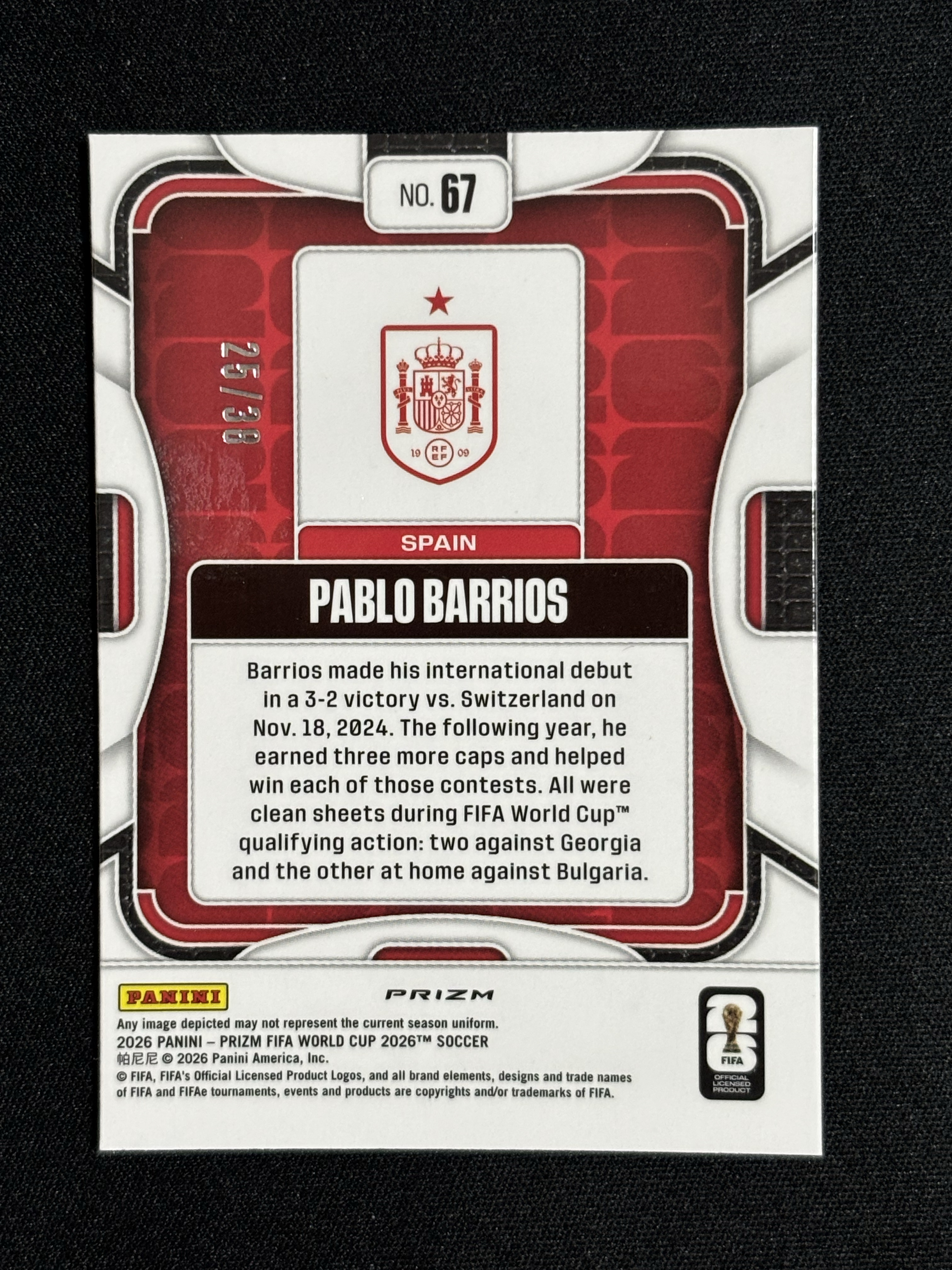 2026 Panini Prizm World Cup Pablo Barrios FIFA 世界杯 西班牙 巴勃罗 巴里奥斯 蓝圈圈折 /38编 瑕疵如图 - 红豆
