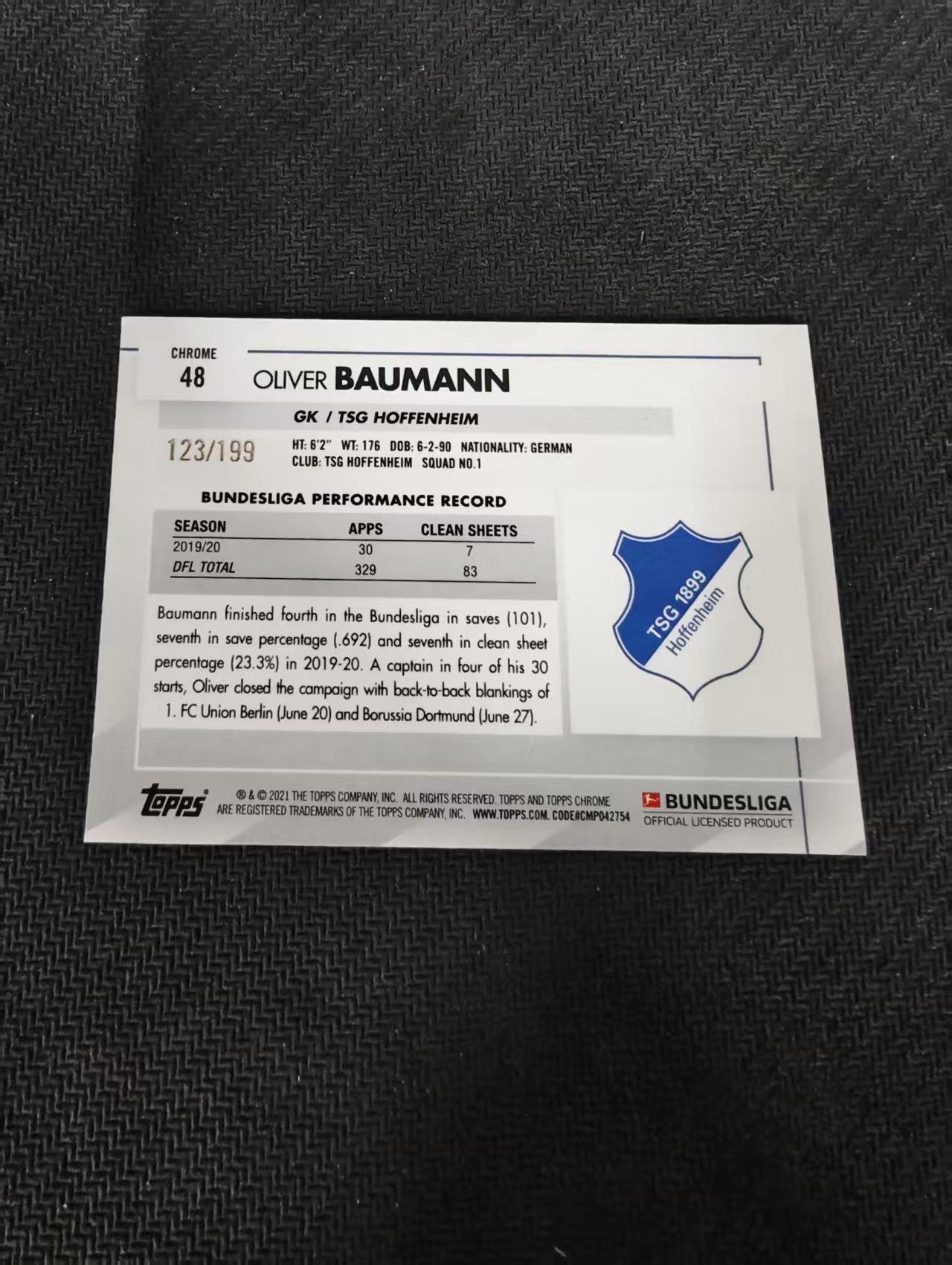 【可合并,不累计】2021 Topps Chrome Oliver Baumann 德甲 霍芬海姆 鲍曼 德国门将 折射 199编 印刷线