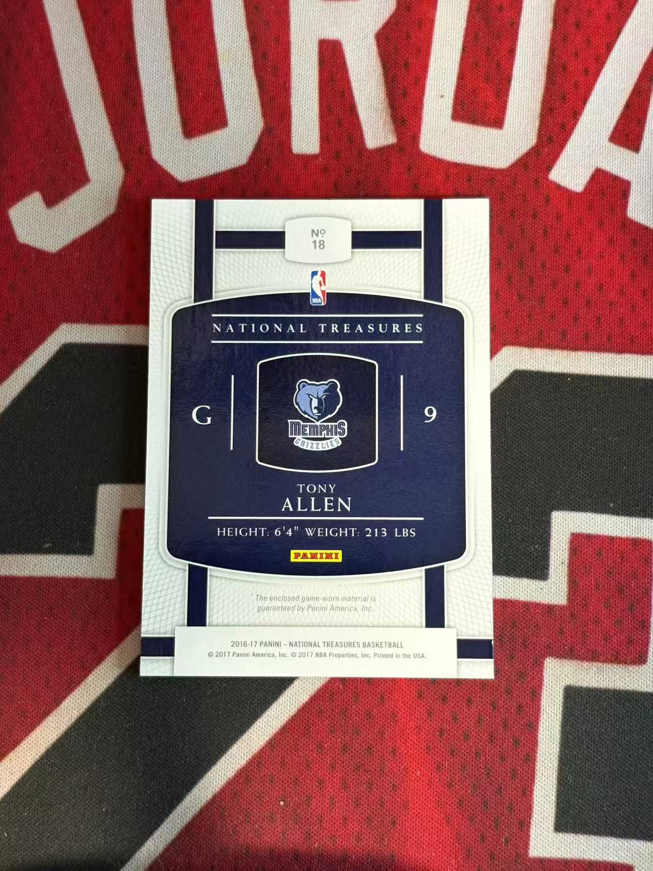 2016-17 PANINI NATIONA TONY ALLEN 国宝高端系列 灰熊名宿 防守大闸 托尼阿伦 99编 Gu 亲穿落场球衣物料切割 衣料实物卡【烂臭嘴拍卖】