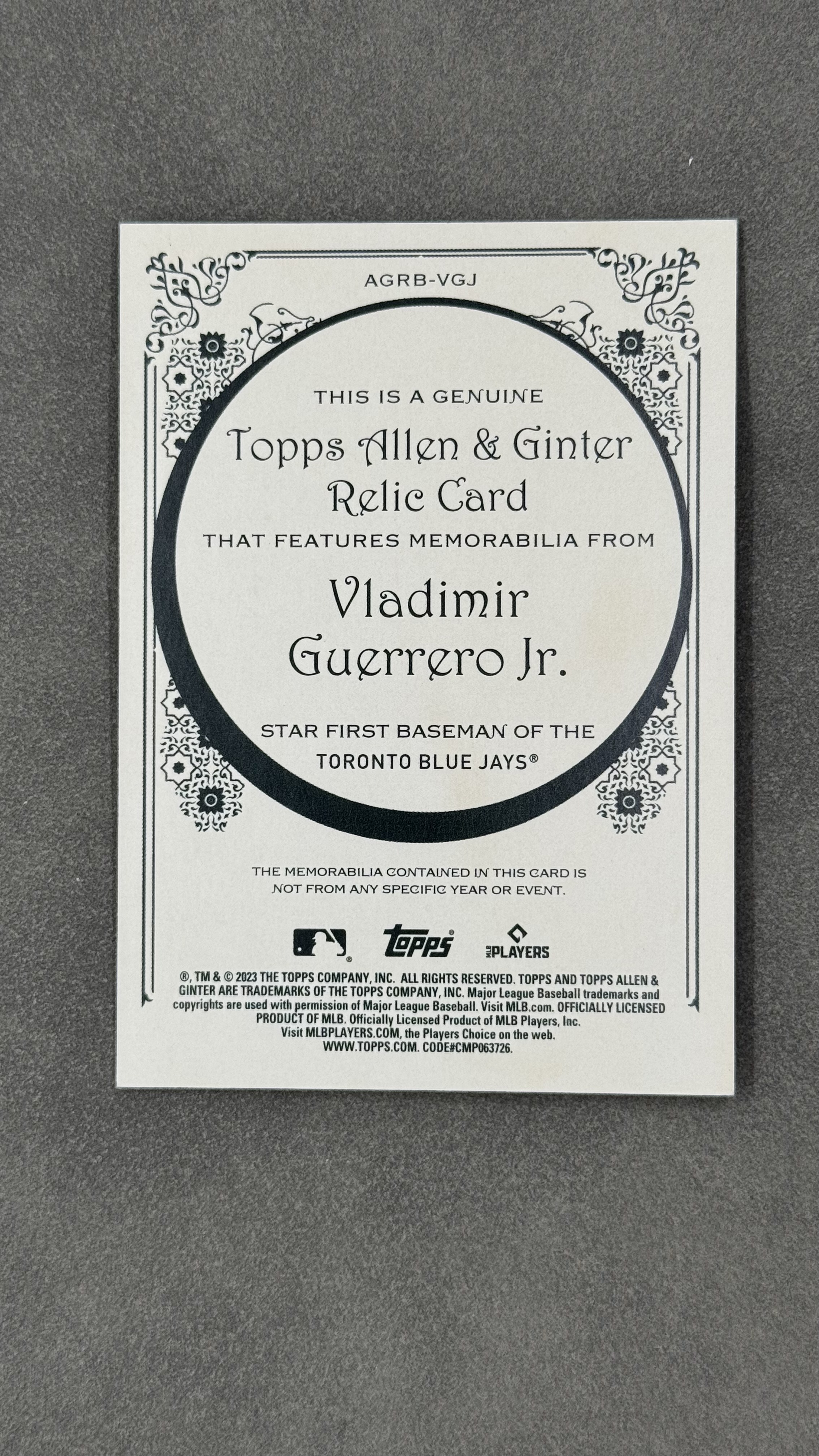 2023 Topps Allen & Ginter Vladimir Guerrero Jr. 蓝鸟队 小弗拉迪米尔・格雷罗 联盟超巨 季后赛最强打击 game-used 球棒切割 #AGRB-VGJ