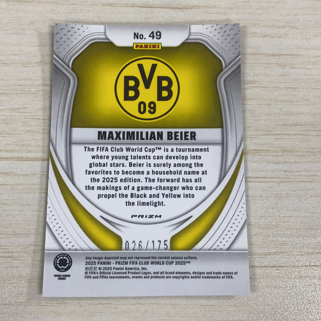 【小牛代拍】2025 Panini Prizm FIFA Club World Cup Maximilian Beier RC 马克西米利安 拜尔 德国 新秀 多特蒙德 175编 蓝碎冰折 (一哥)