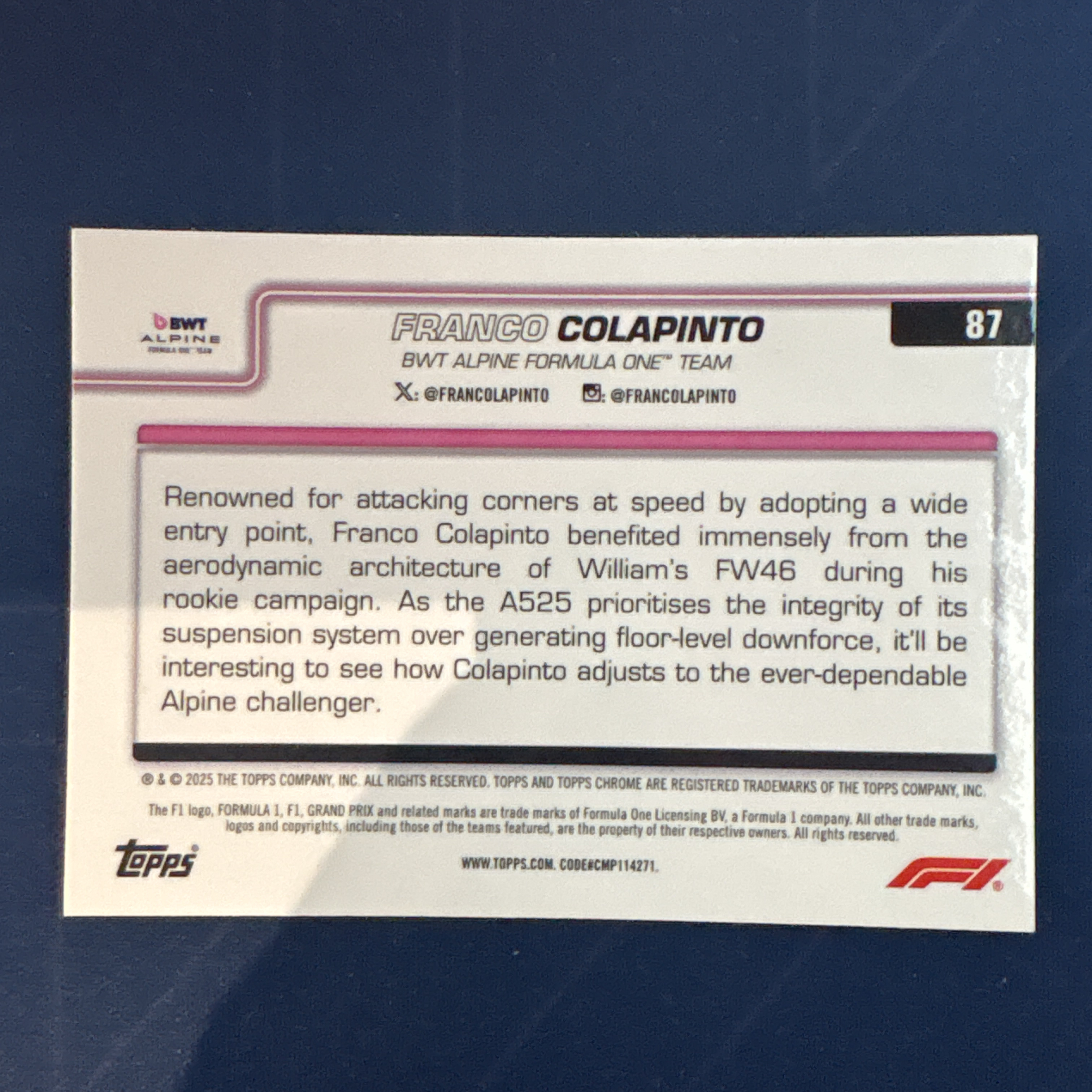 2025 Topps Chrome Franco Colapinto 【爆爆代卖】F1 75周年 弗兰克 科拉平托 黑白方格旗折 棋盘折 格子折Bwt车队 赛车选图 专收必备 卡品如图 #冷哥