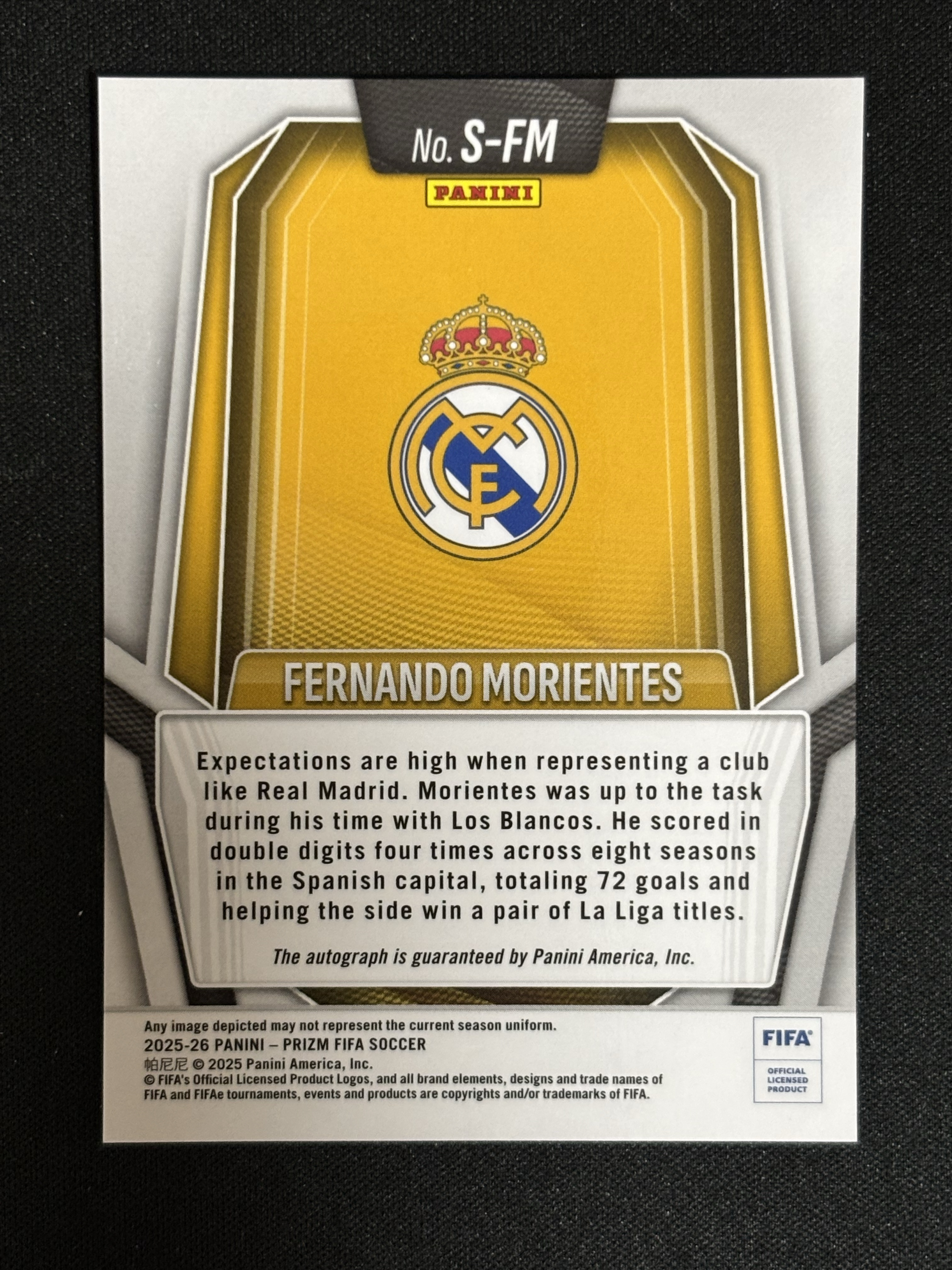 2025-26 Panini Prizm Fernando Morientes FIFA 足球 皇家马德里 皇马 莫伦特斯 签字 卡品如图 - sj