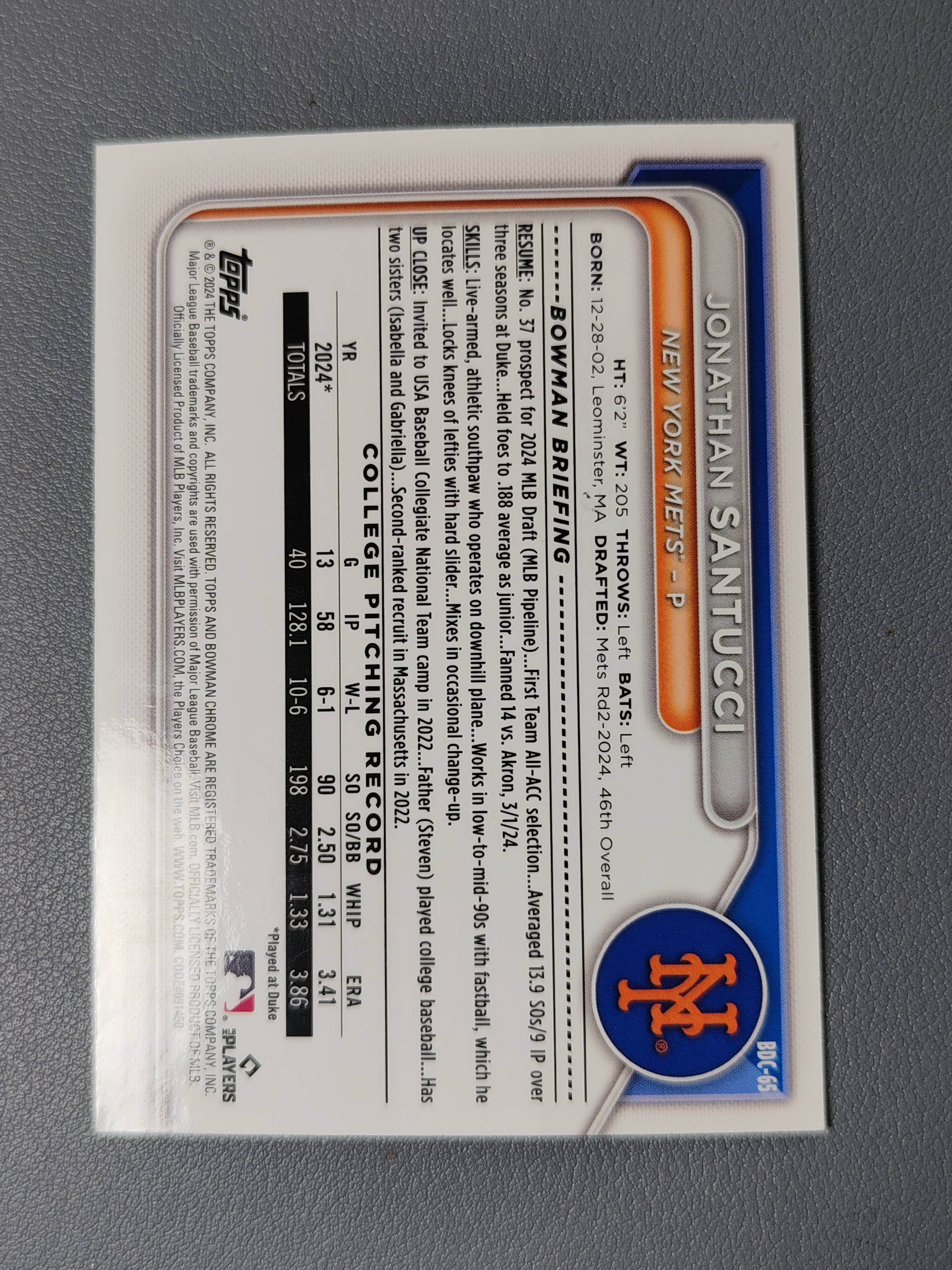 2024 Topps Bowman Jonathan Santucci RC 1st Chrome 绿折!