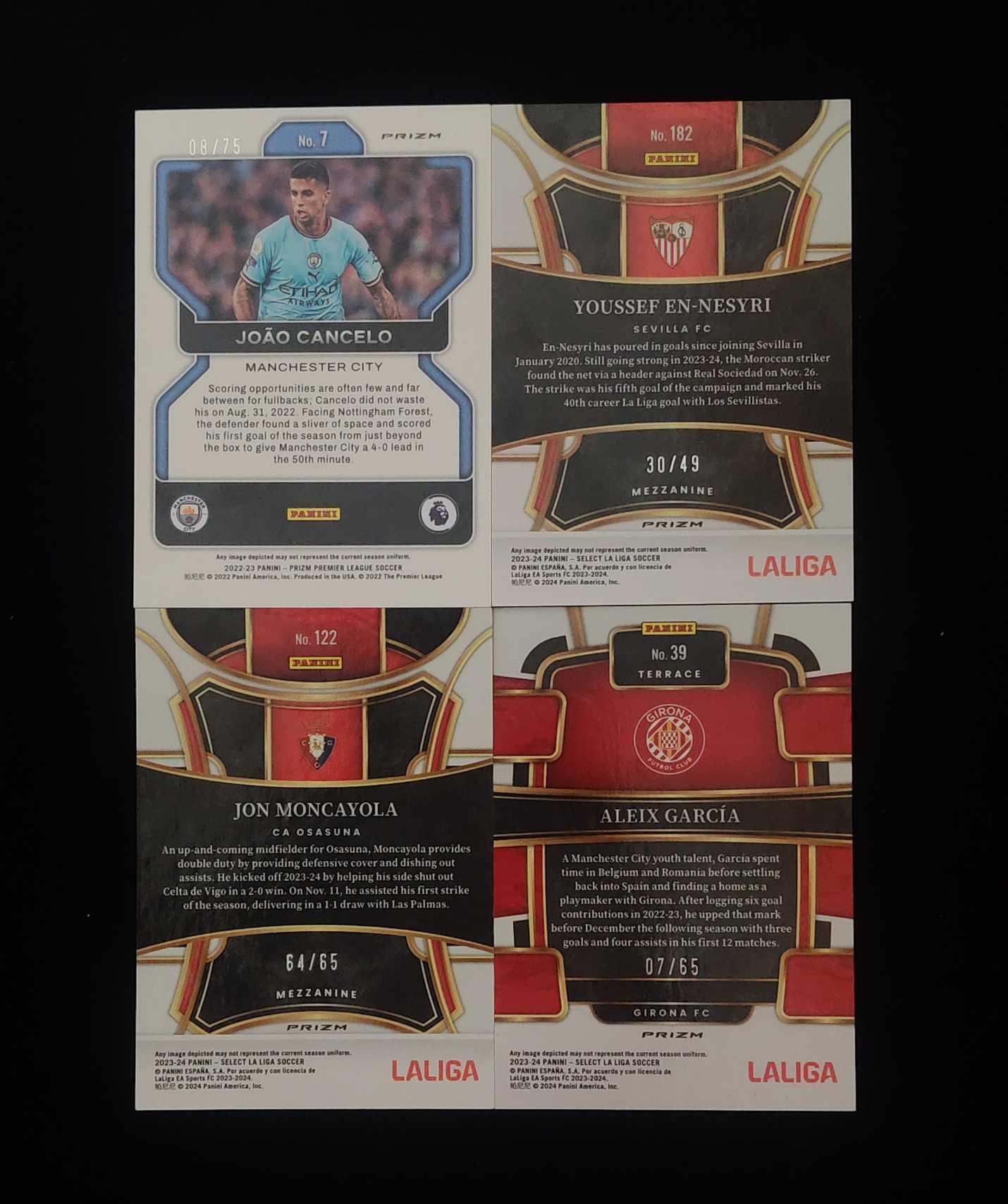 2022-23 Panini Prizm Gary Linker 曼城 坎塞洛 75编 泡泡折 塞维利亚 里内斯里 49编 蒙卡约拉 奥萨苏纳 65编 赫罗纳 加西亚 65编 4张 lot 卡品如图