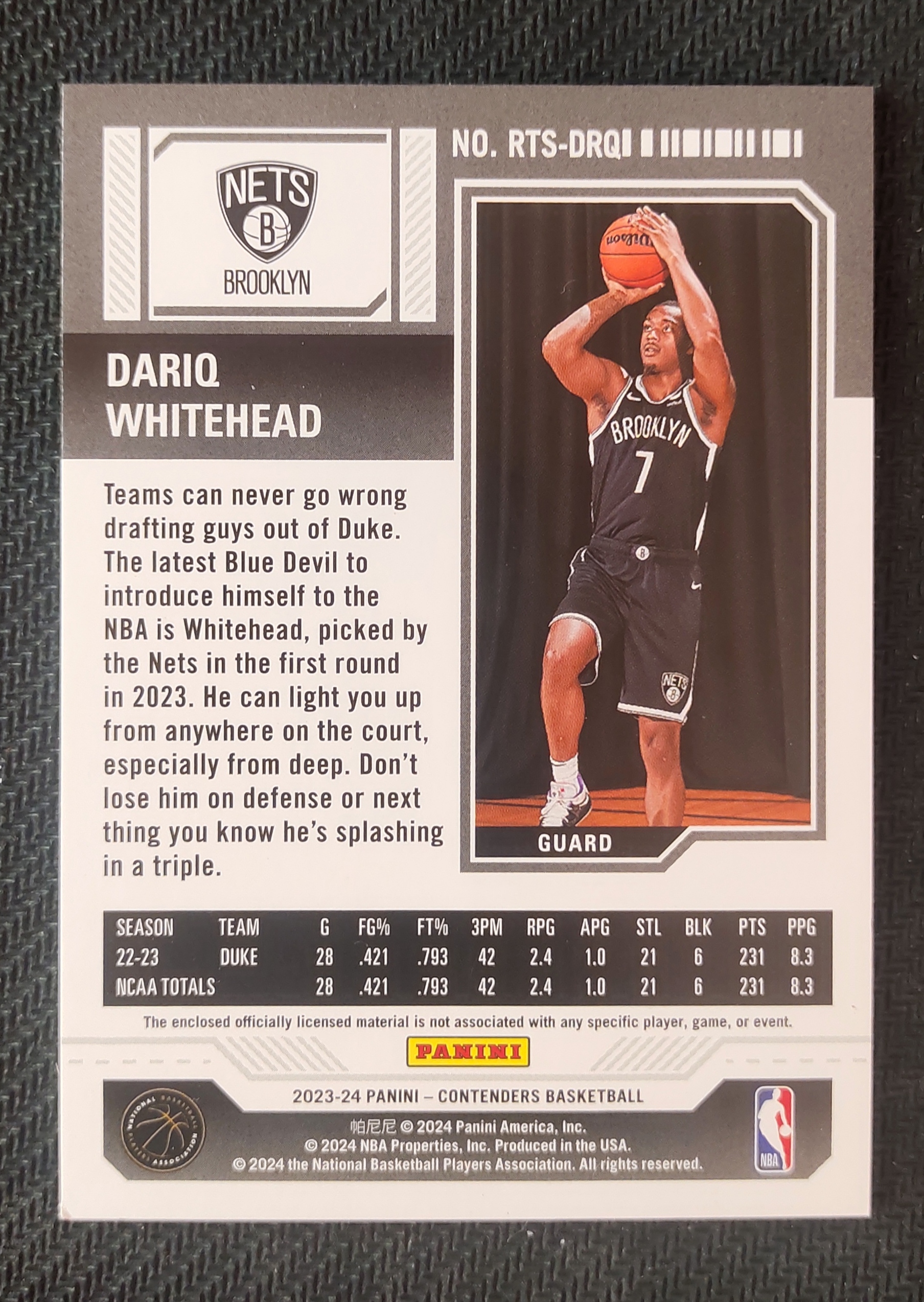 2023-24 Panini Contenders Dariq Whitehead RC 达里克 怀特黑德 篮网 新秀 球票 小窗 球衣 物料 切割 瑕疵如图