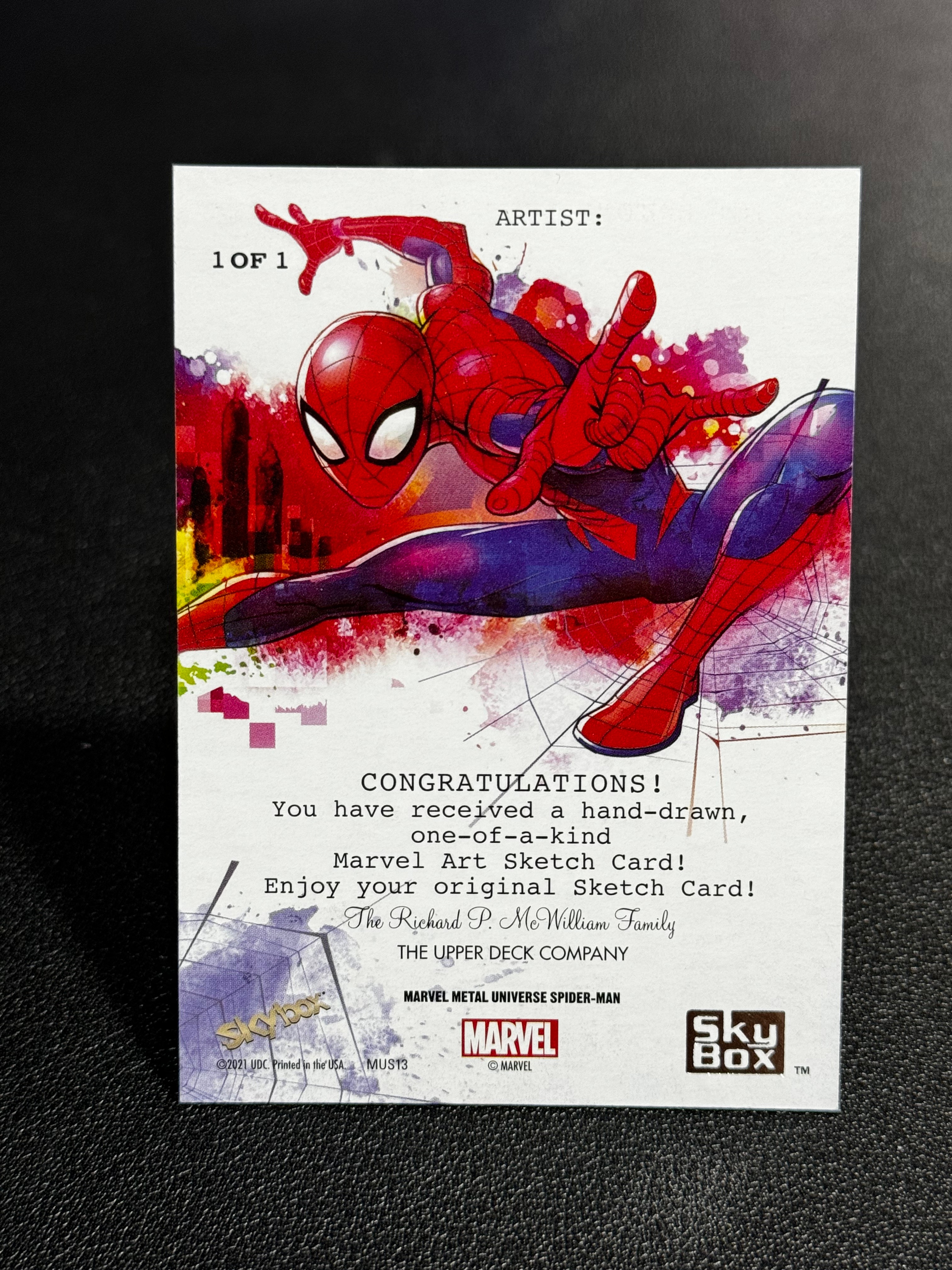 2021 SkyBox Marvel (MCU) Universe spider-man 漫威 Metal 蜘蛛侠 金属宇宙 AP 手绘卡 1/1 1OF1 空白底卡 Sketch Card LWLP