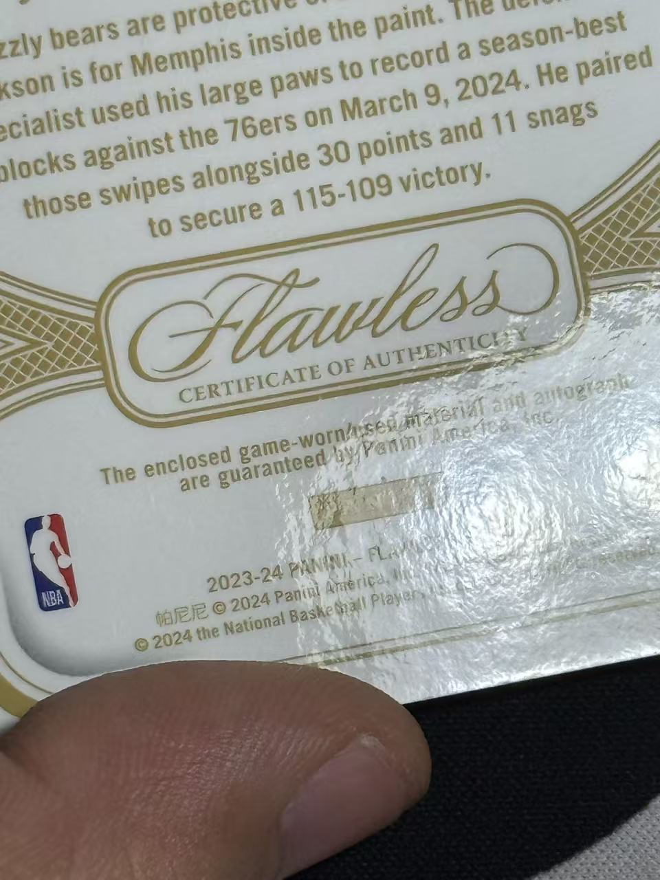 2023-24 Panini Flawless Jaren Jackson Jr. 【小来】小杰伦杰克逊 JJJ 3J 三勾 灰熊 DPOY 15编 中国红 超低编 SPA 亲穿落场暴力切割 瑕疵如图