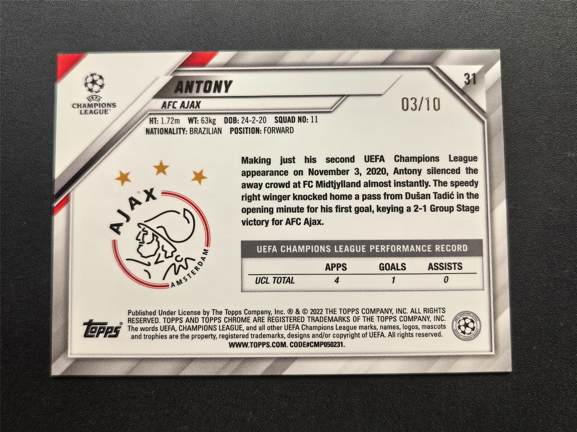2022 Topps Chrome Antony 【麦考拍卖】m 安东尼 欧冠tc 曼联 巴西 阿贾克斯 超低编限量/10编 正红折射 微瑕如图