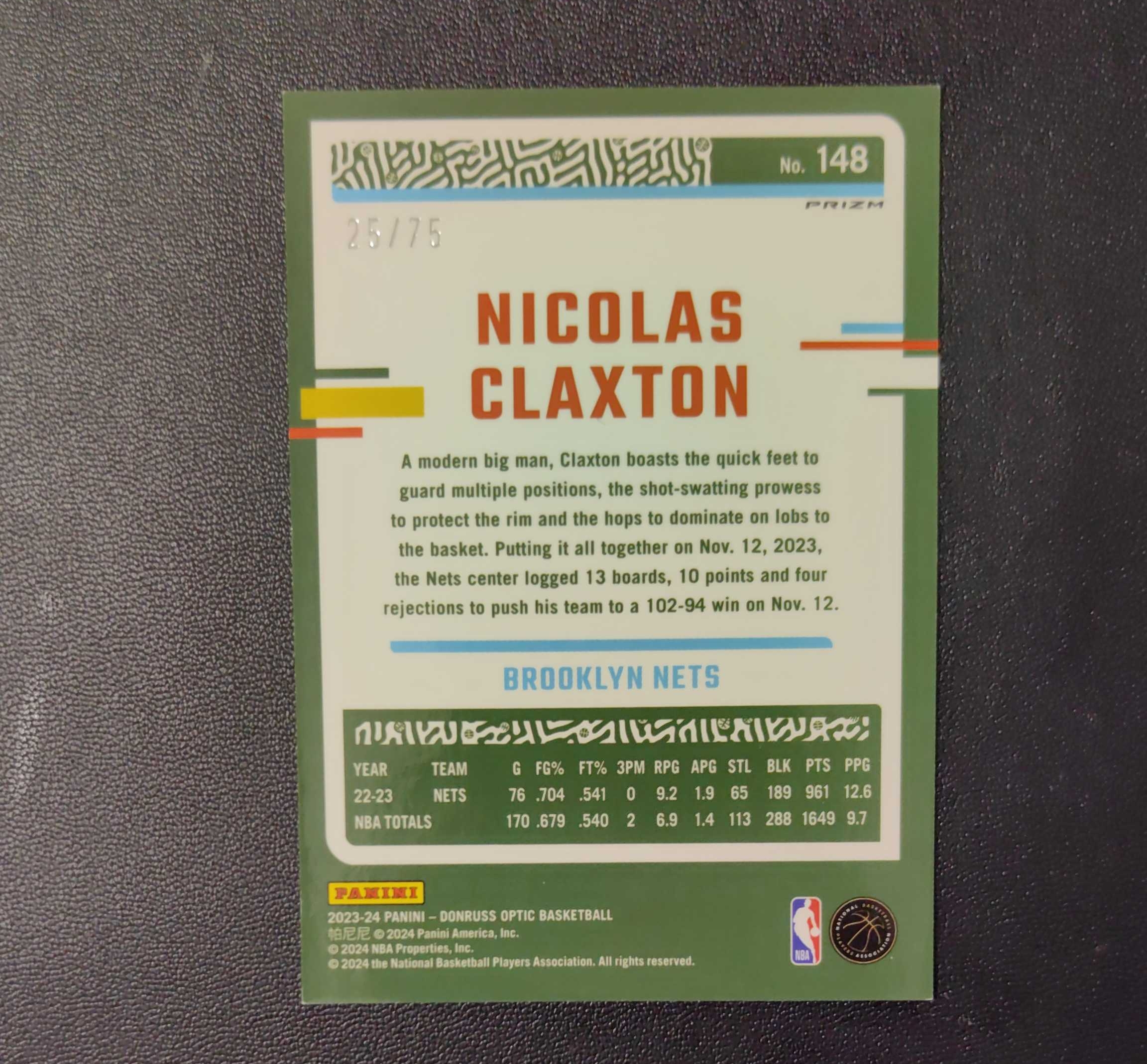 2023-24 panini donruss optic nicolas claxton 杜蕾斯 篮网 尼古拉斯 克拉克斯顿 75编 红碎闪折 东契奇 sga 库里 文班亚马 詹姆斯