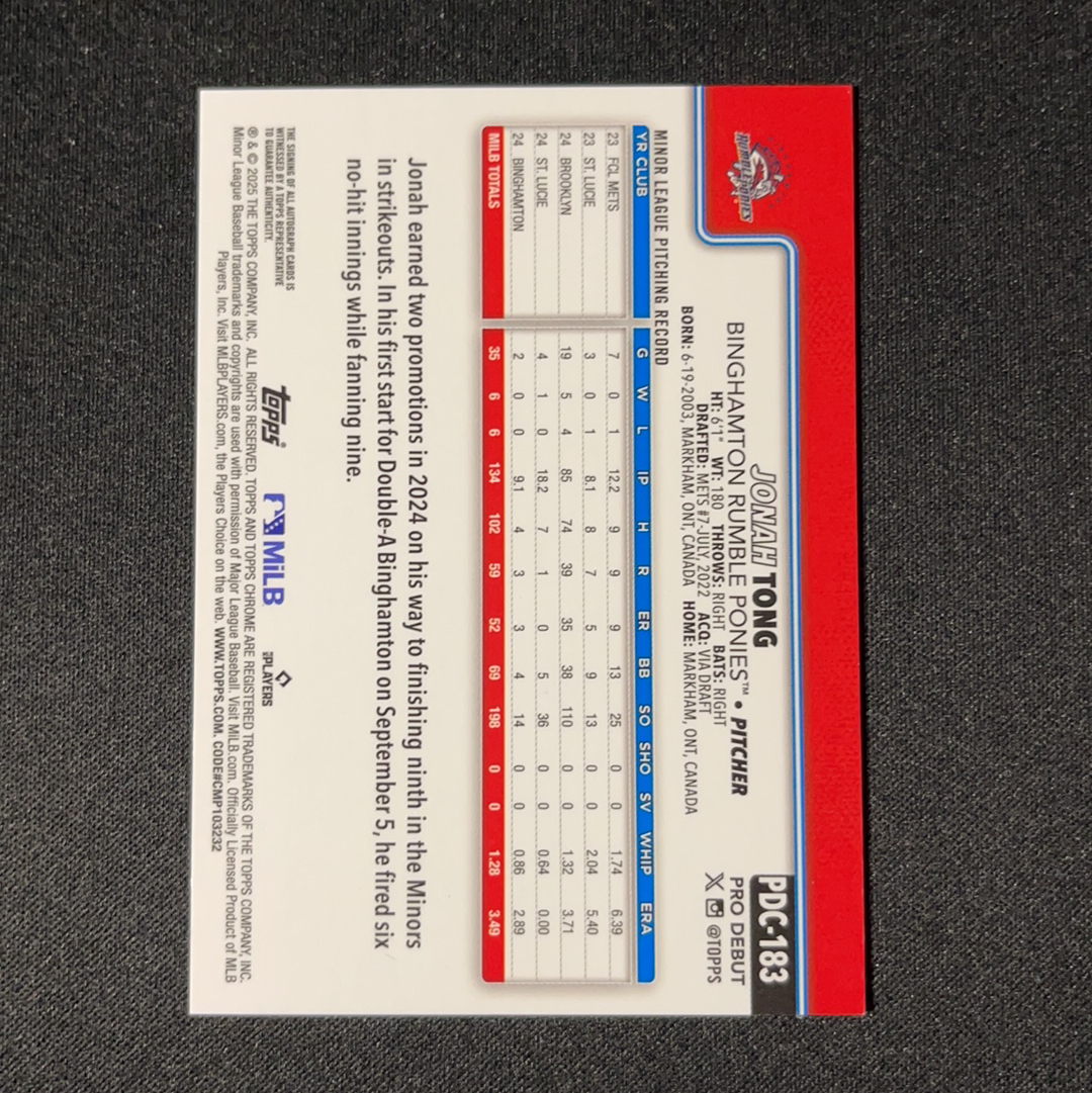 2025 Topps Pro Debut Jonah Tong RC 唐天赐 大都会 华裔 已登陆大联盟 王牌先发投手 debut 首秀 小联盟 Chrome签字 卡签 绿折 99编 【L】