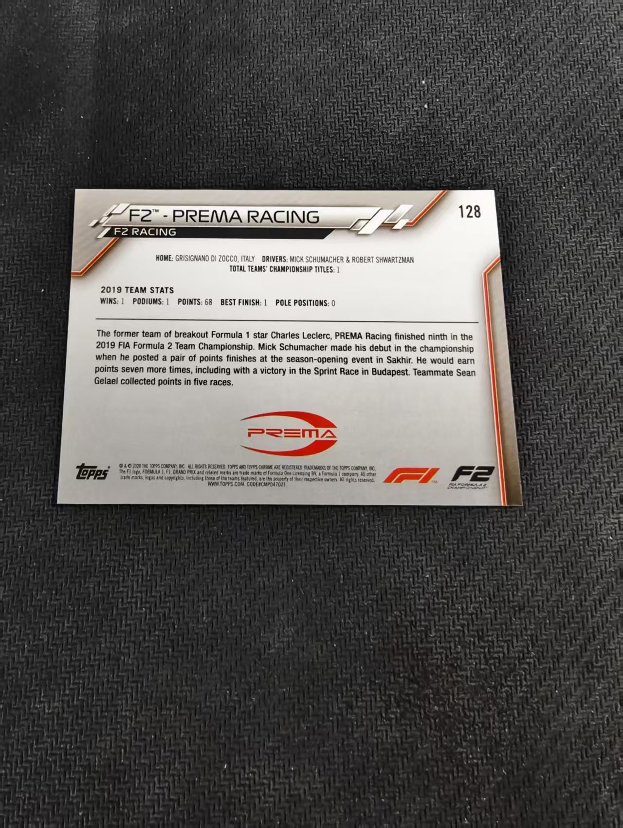 【汽水拍卖】2020 Topps Chrome Prema Racing 普瑞马车队 F1元年 Team Logo 队徽 队标特卡 蓝宝石 碎冰折 瑕疵如图