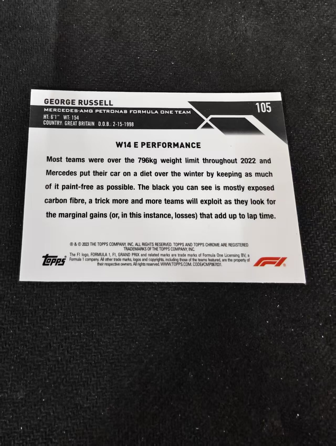 2023 Topps Chrome F1 George Russell 乔治 拉塞尔 梅赛德斯车队 划痕 边角瑕疵 #105