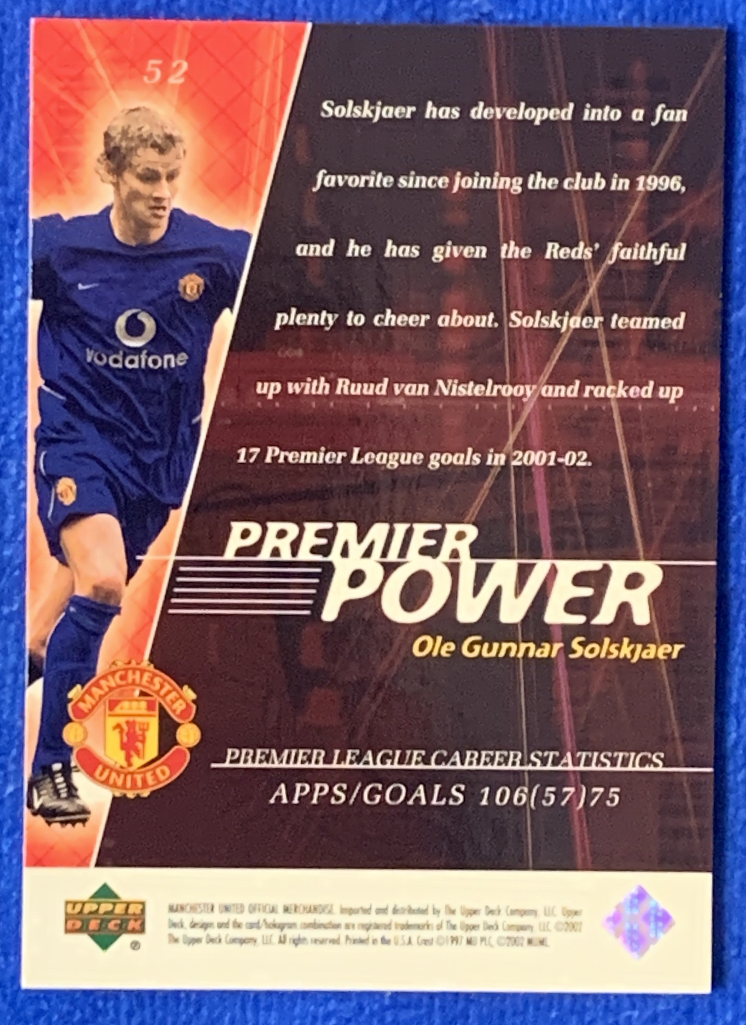 2002 Upper Deck Manchester United Ole Gunnar Solskjaer 亚德英超力量特卡 曼联 索尔斯克亚 三冠王 挪威Norway经典老卡 不保卡品ebay有价