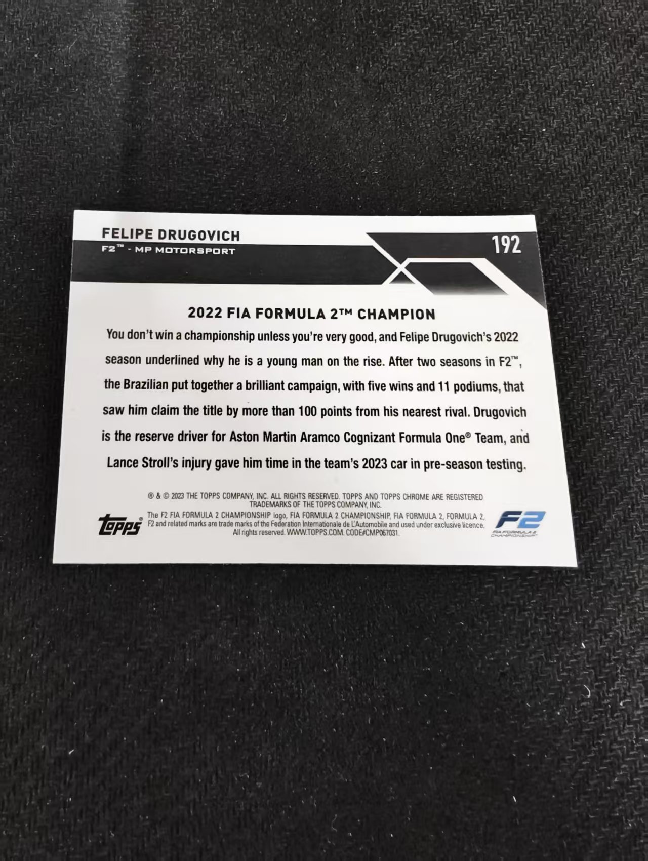 2023 Topps Chrome Felipe Drugovich 菲利佩 德鲁戈维奇 F2 F1 划痕 边角瑕疵 #192