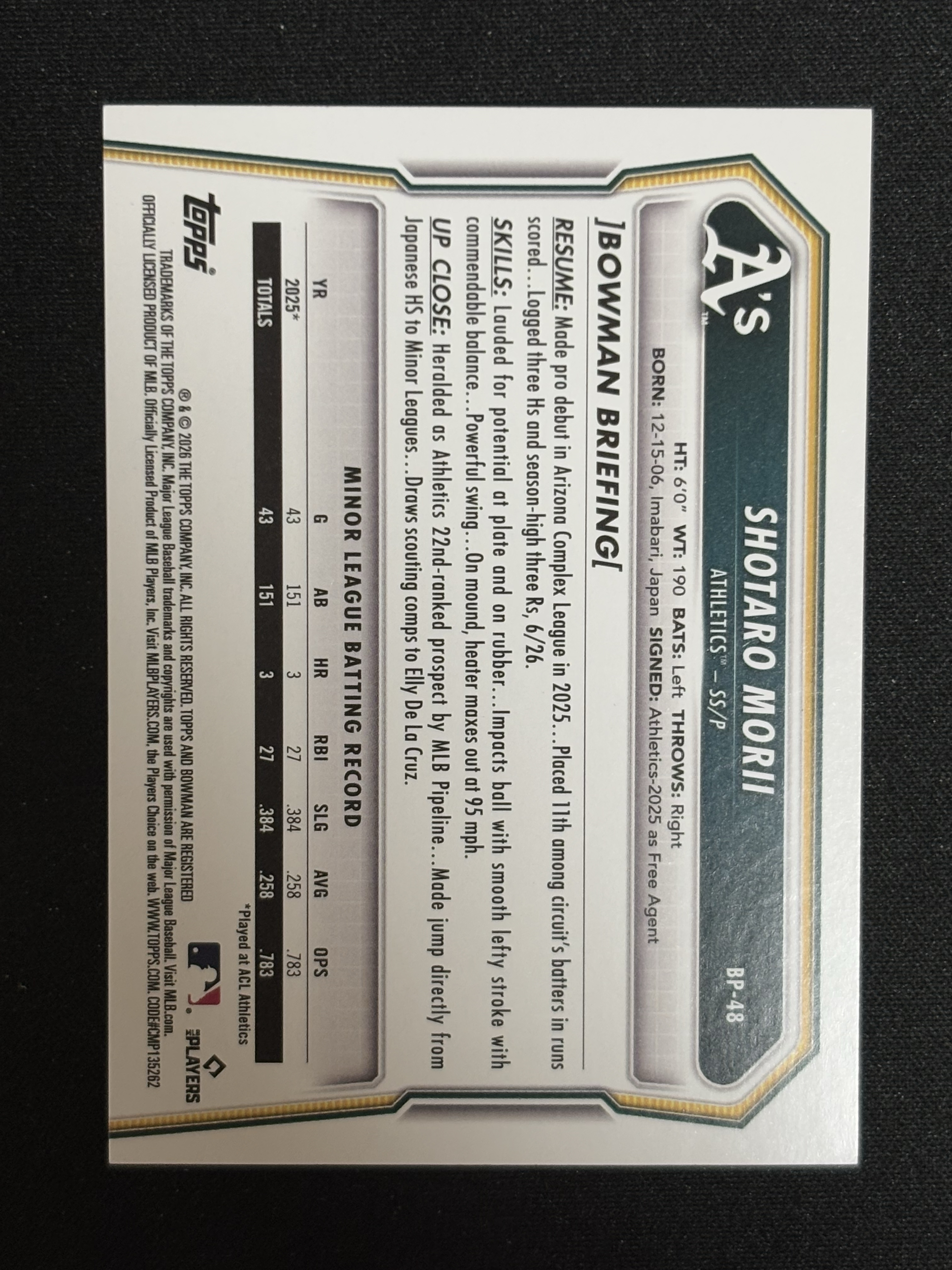 2026 Topps Bowman Shotaro Morii 棒球 MLB 奥克兰运动家 森井翔太郎 Bowman折 - 红豆