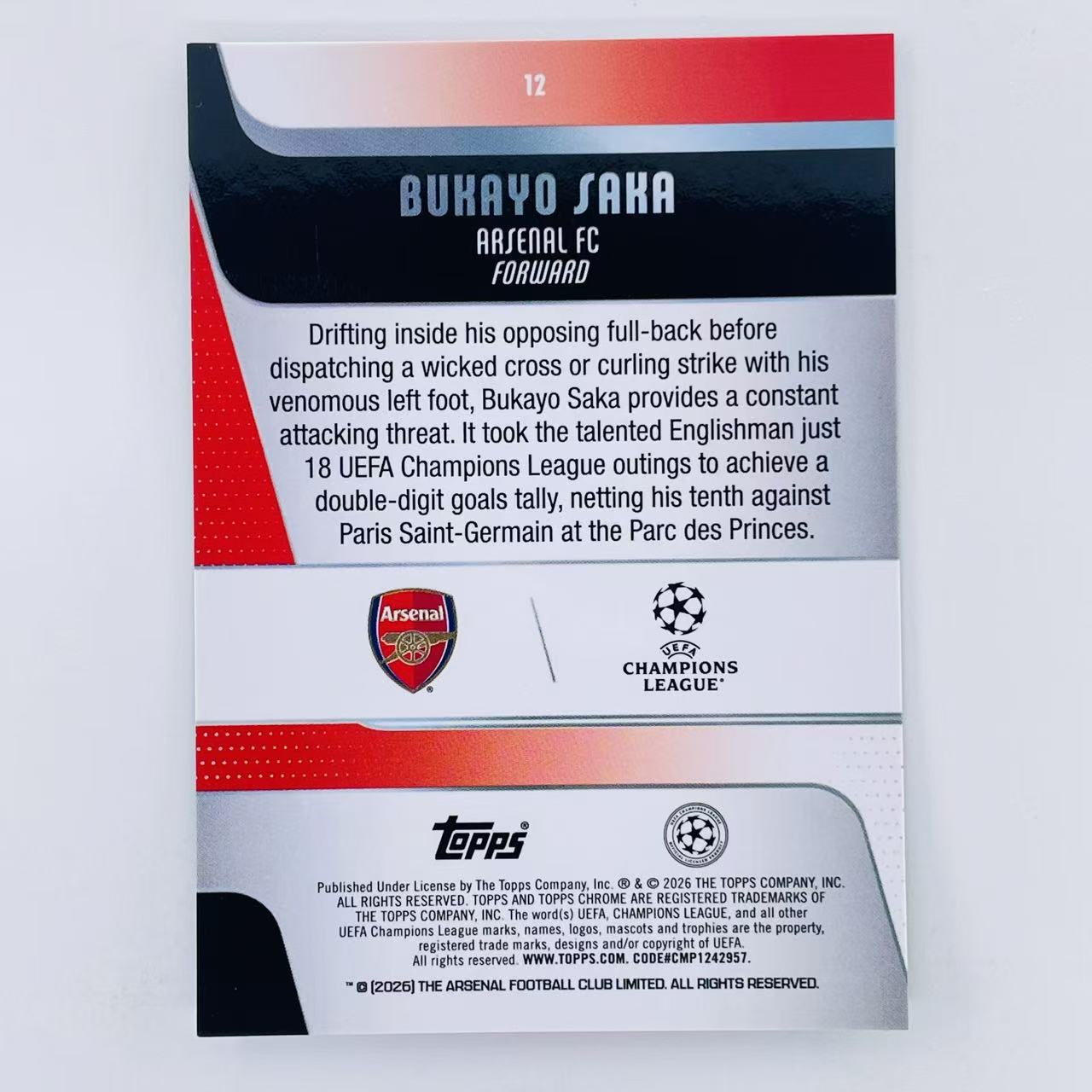 2025-26 Topps Chrome UCC Bukayo Saka 欧冠TC 英格兰 阿森纳 布卡约 萨卡 太子爷 /99编 绿几何折 世界杯帽子戏法 Jeff# N