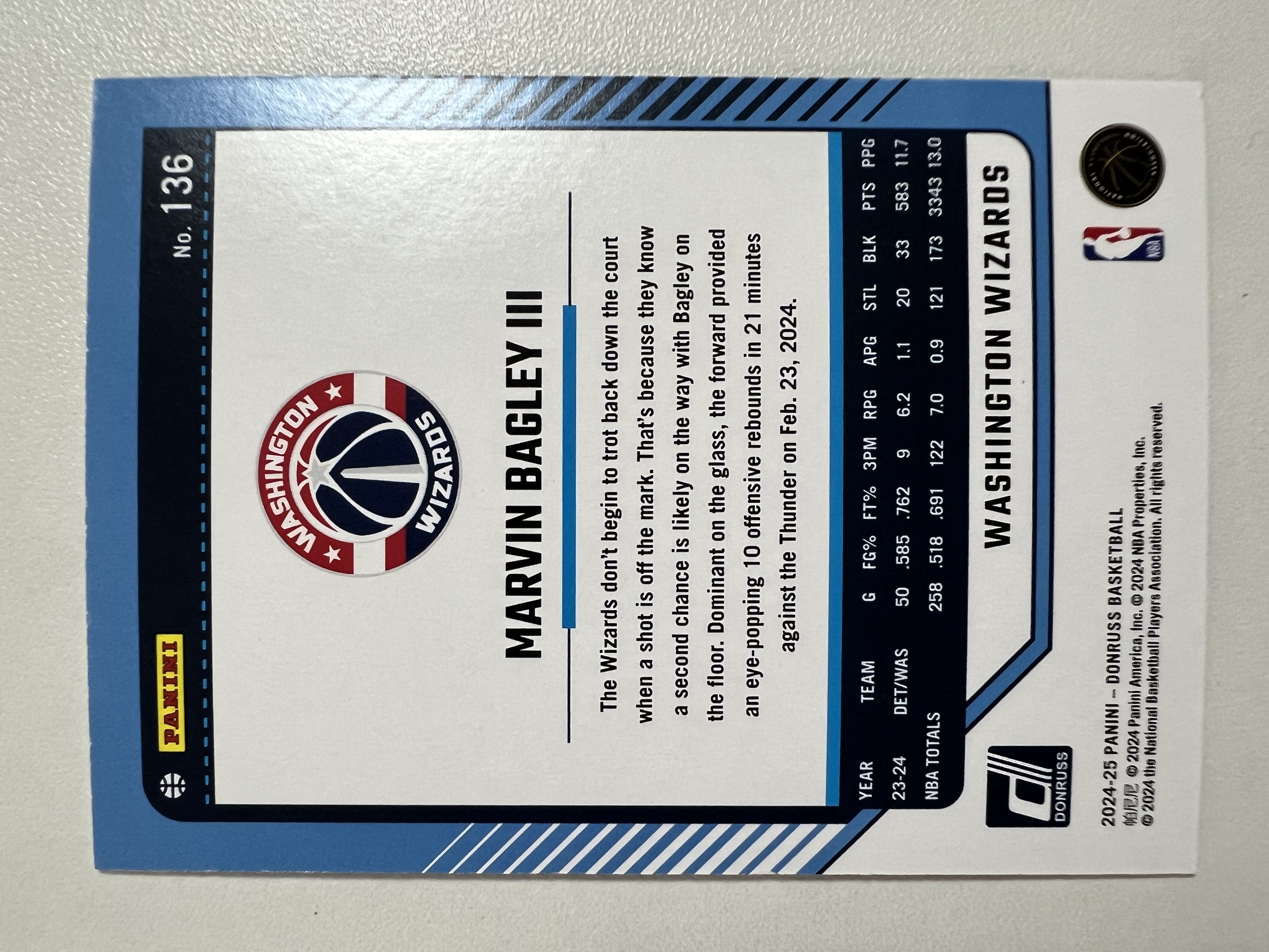 2024-25 Panini Donruss Marvin Bagley III 042/199编 马文 巴格利三世 奇才 HH02 收藏凑套 卡品如图