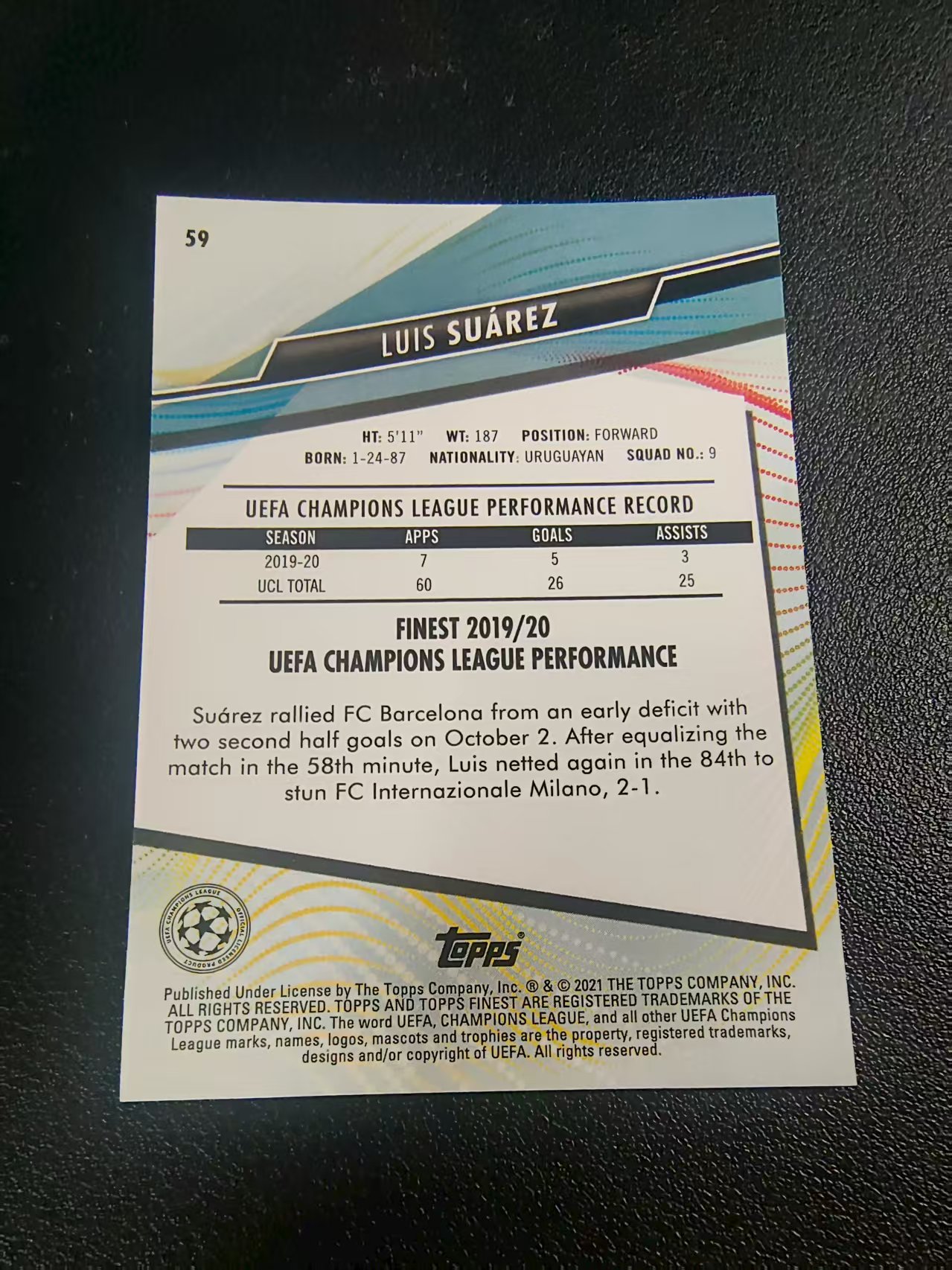 【可合并,不累计】2021 Topps Finest Luis Suárez 欧冠 马竞 马德里竞技 苏亚雷斯 划痕 边角瑕疵 #59