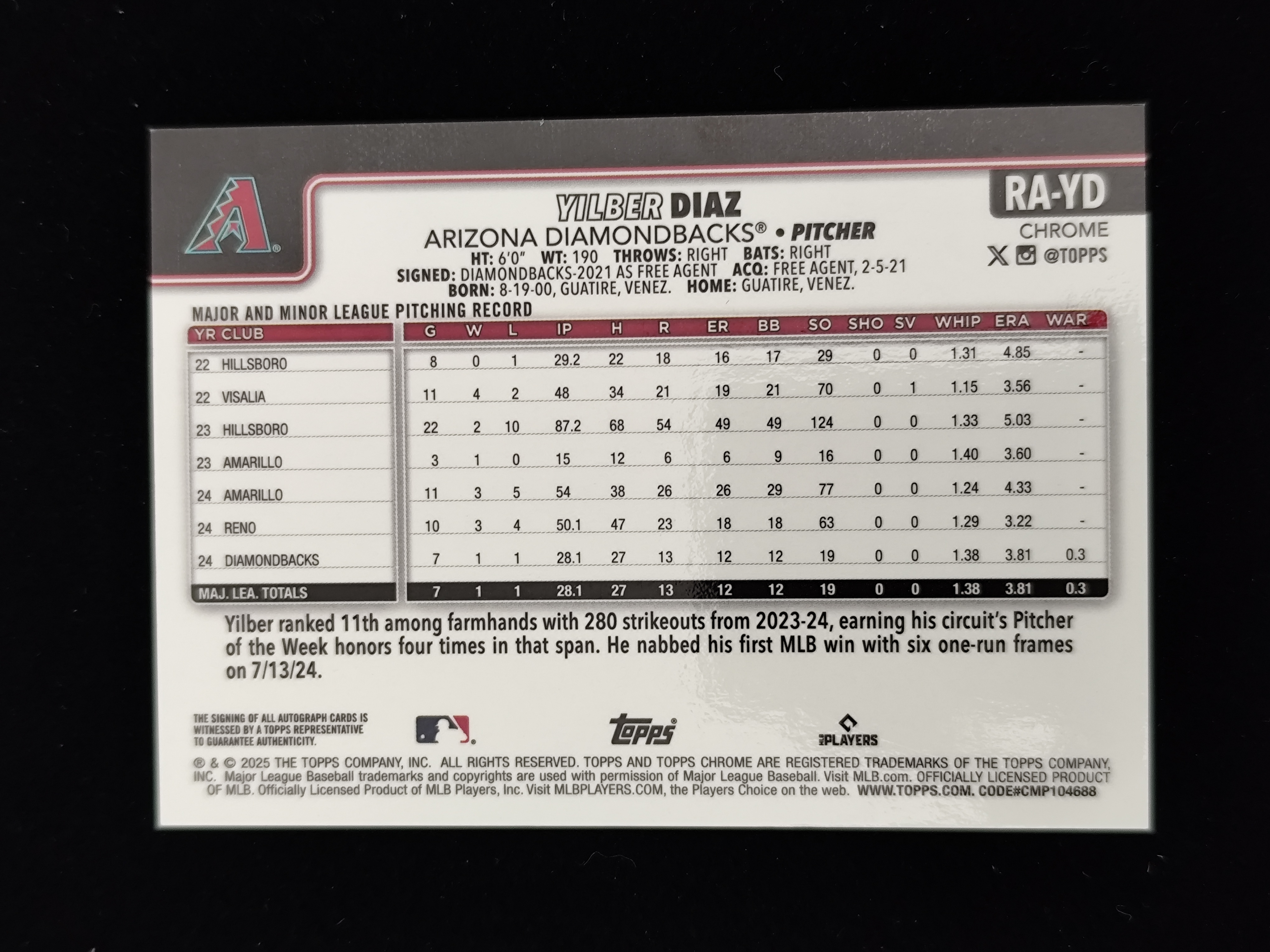 【口袋卡牌】2025 Topps Chrome Yilber Diaz RC 伊尔伯 迪亚兹 MLB 棒球 新秀RC 签字 紫折 折射 卡签 203/250编 卡品如图 收藏必备 49 VVWW