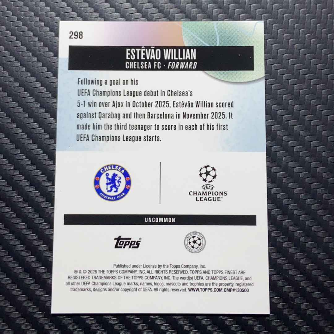 2026 Topps Finest 卡品如图(一哥) ESTEVAO WILLIAN RC 欧冠 切尔西 埃斯特旺 威廉 旺仔 RC 新秀 稀有 Uncommon 蓝棋盘折 14/75编