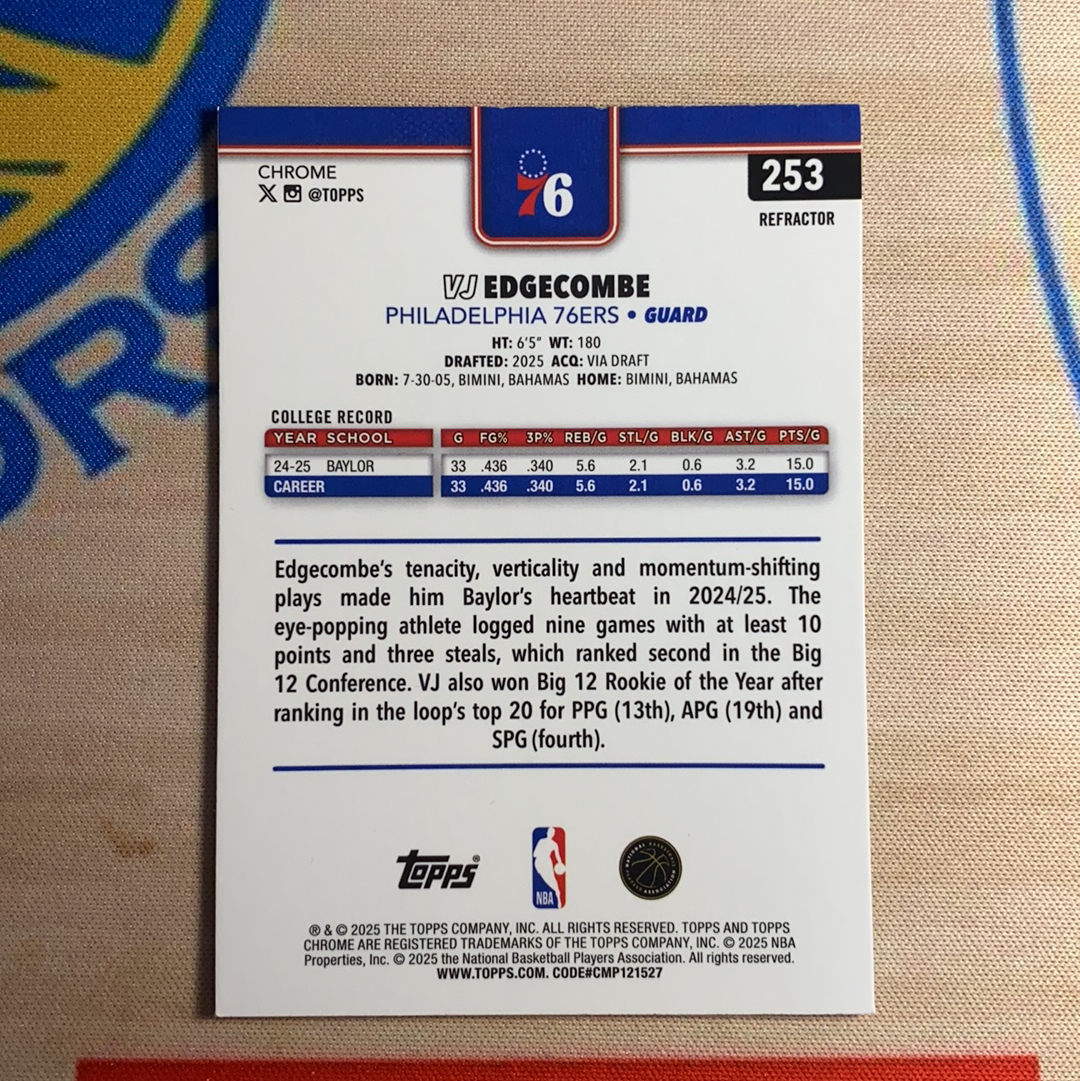 2025-26 Topps Chrome VJ Edgecombe 费城76人 VJ 埃奇库姆 正RC 新秀 银折 #3卡品如图 凑套必备