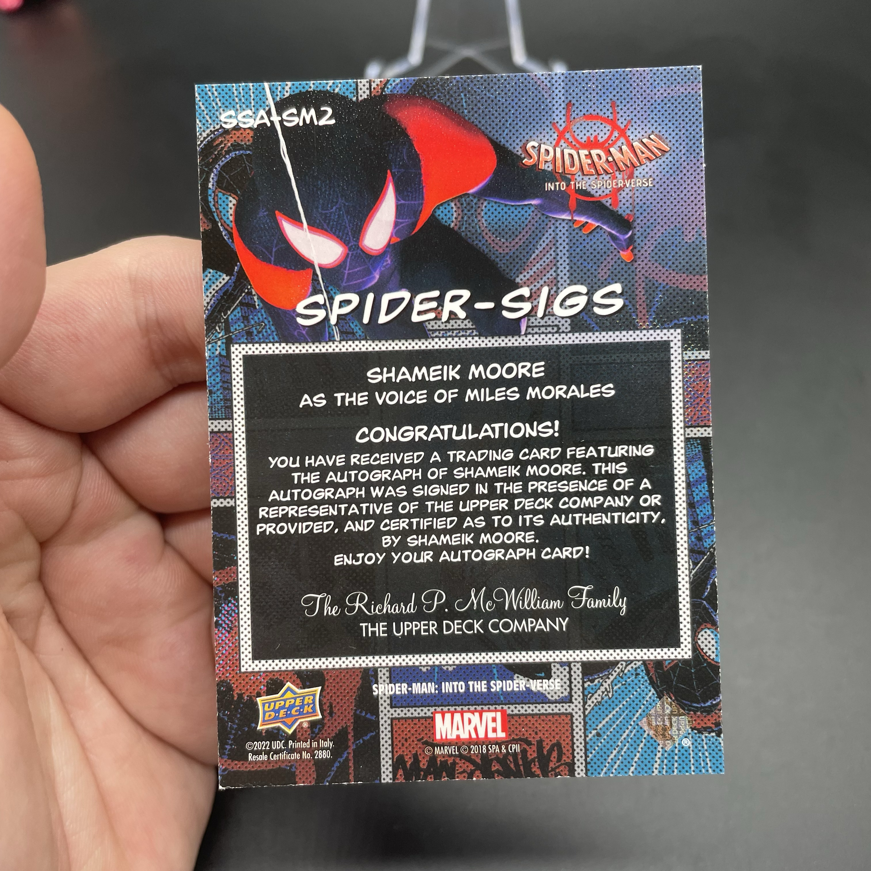 2018 Upper Deck Marvel Spider-Man Shameik Moore 漫威 蜘蛛侠 平行宇宙 沙梅克 摩尔 Miles Morales 配音演员 签字 铭文 品墨如图 wy
