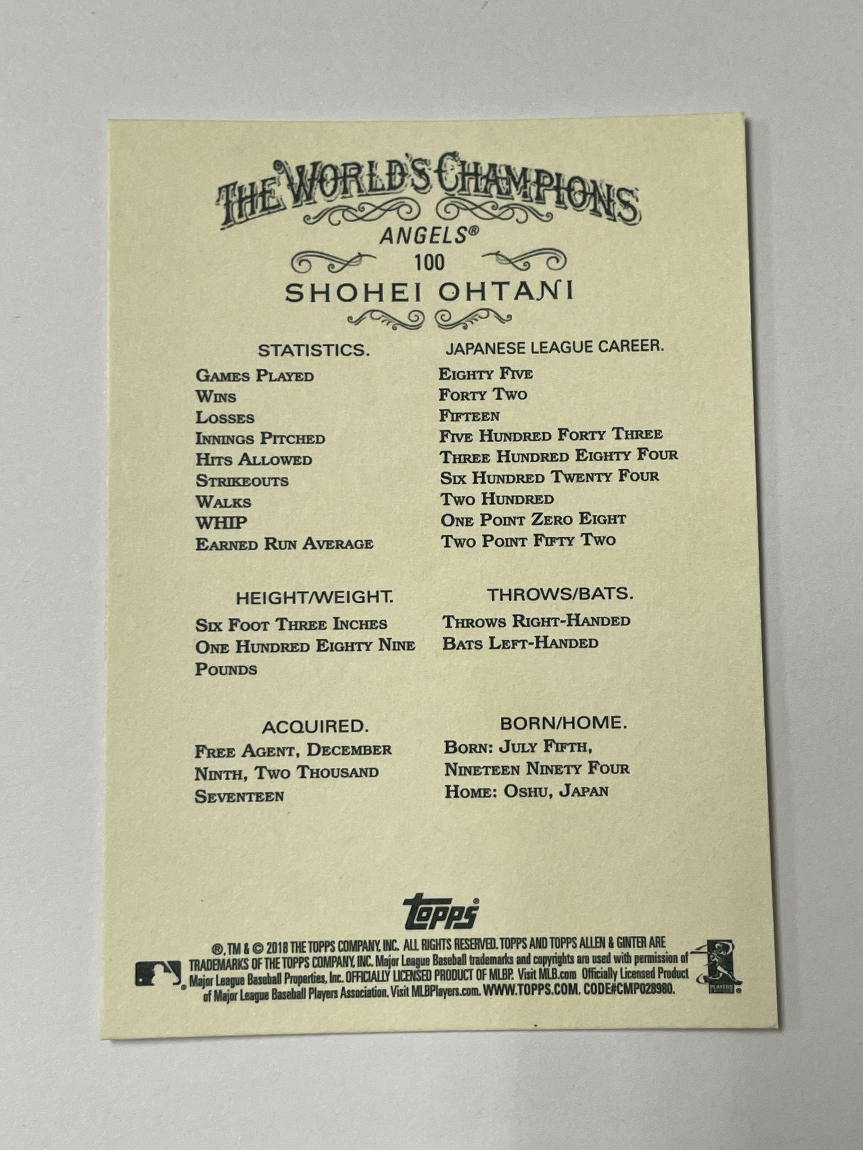 2018 Topps Allen & Ginter Shohei Ohtani RC 洛杉矶天使 大谷翔平 新秀 肖像 Base 第二张