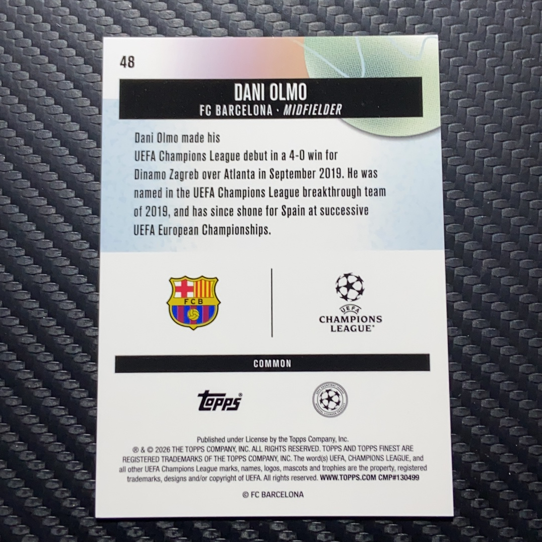 2026 Topps Finest 卡品如图(一哥) 欧冠 Dani Olmo 达尼 奥尔莫 奥尔默 莱比锡红牛 西班牙 巴萨 普通 Common 珍珠棋盘折 10/60编