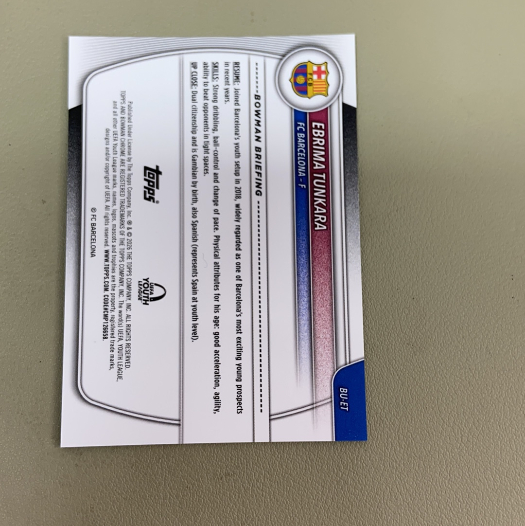 【小牛代拍】2025-26 Topps Chrome Ebrima Tunkara RC Kacey代理拍卖欧冠tc 西班牙巴萨超级新星 通卡拉 bowman1st 银折 卡品如图(一哥)