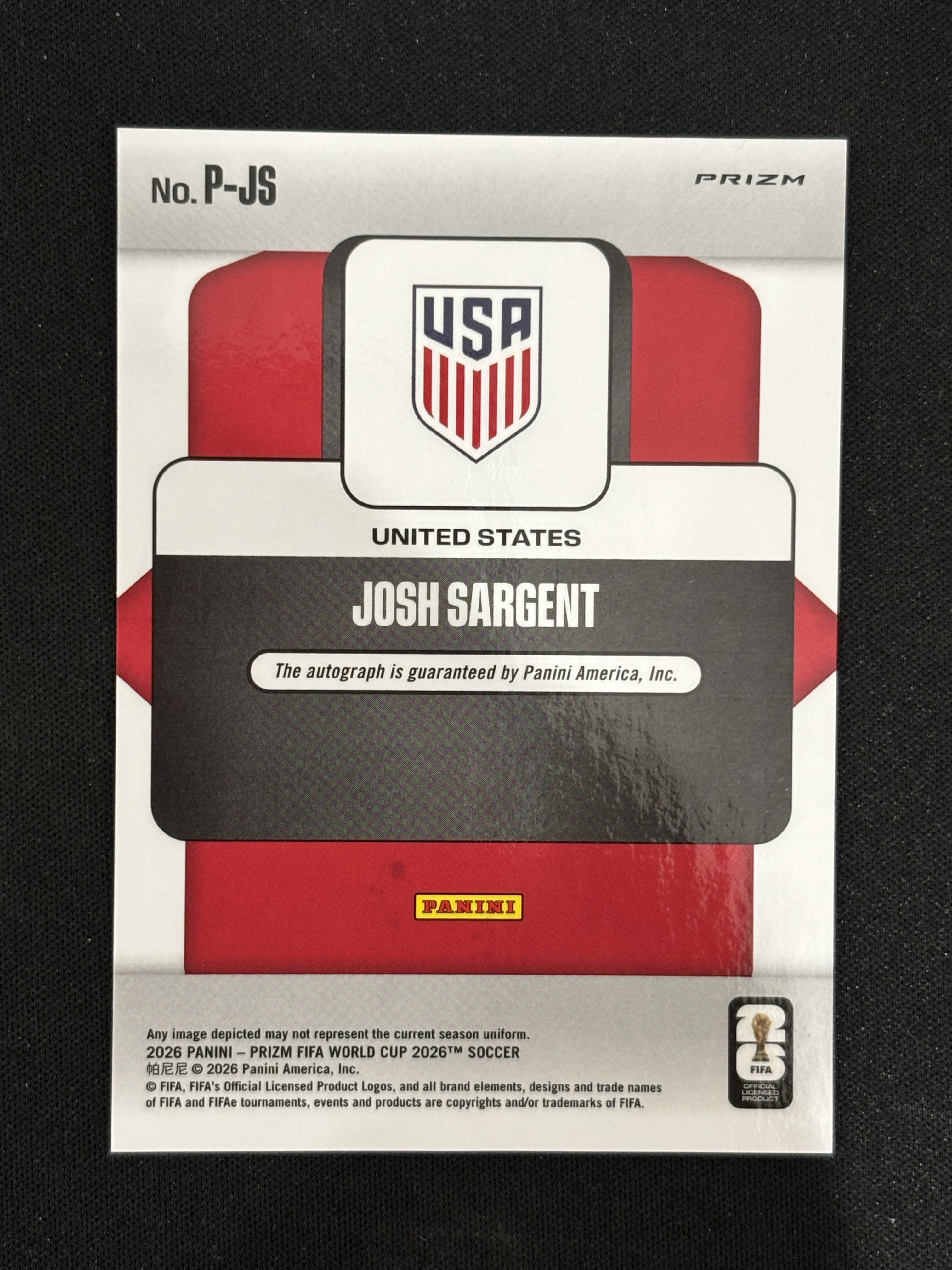 2026 Panini Prizm World Cup Josh Sargent FIFA 世界杯 美国 萨金特 Penmanship 签字 国际独占星星折射 瑕疵如图 - 红豆
