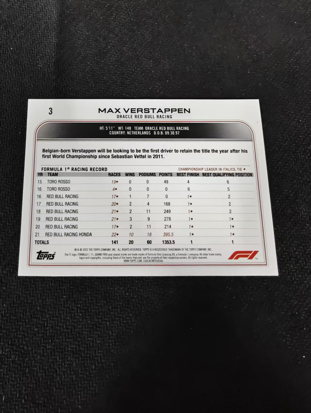 2022 Topps Chrome F1 Max Verstappen 维斯塔潘 红牛 划痕 边角瑕疵 @3