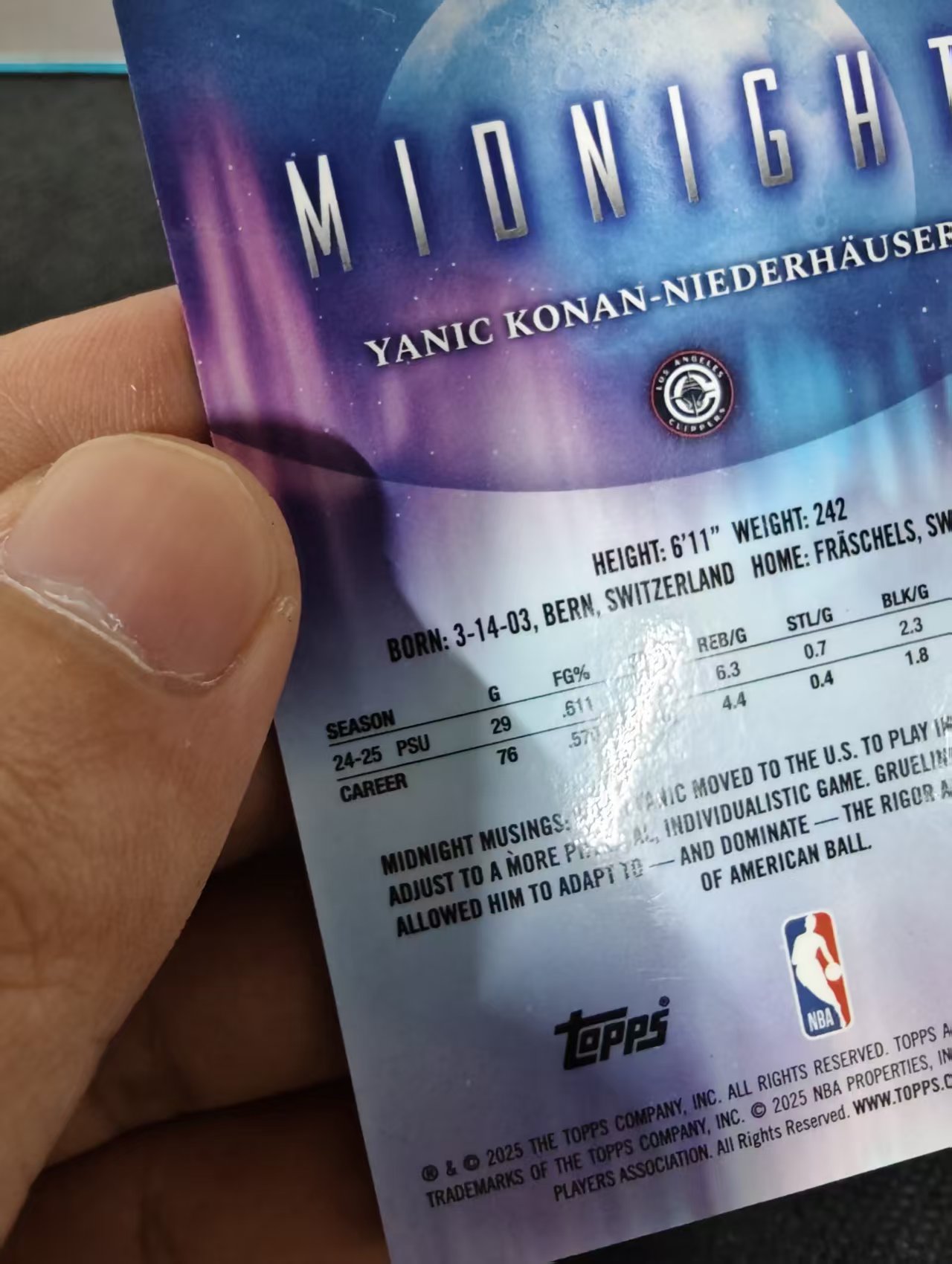 2025 Topps Midnight Yanic Konan-Niederhauser 午夜系列 快船 新秀 亚尼克 科南 尼德豪泽 149编 瑕疵如图