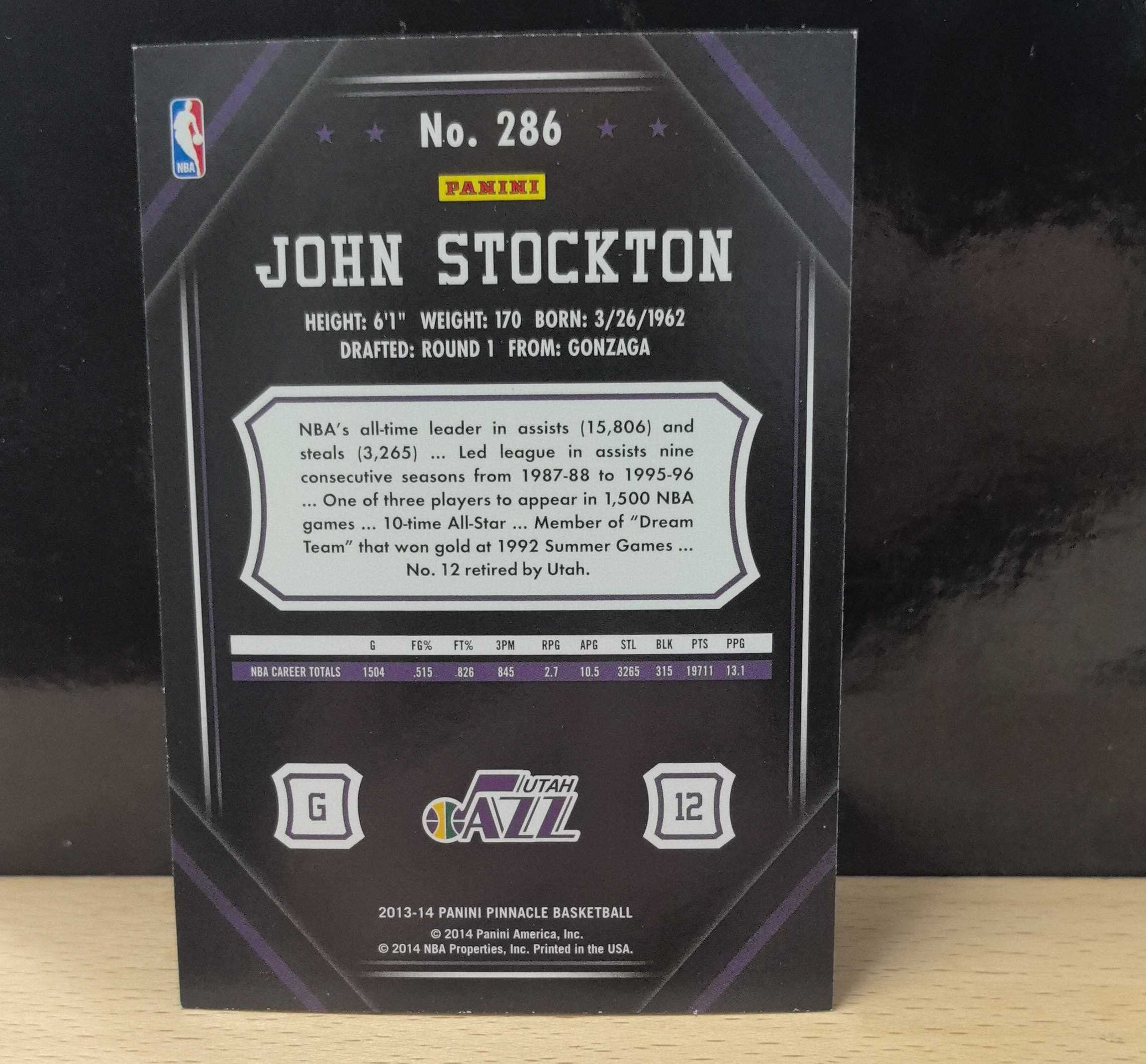 2013-14 Panini Pinnacle John Stockton 斯托克顿,巅峰卡,爵士名宿,一人一城,9届助攻王,2届抢断王,11届最佳阵容,10届全明星,5届最佳防守,50大75大名人堂