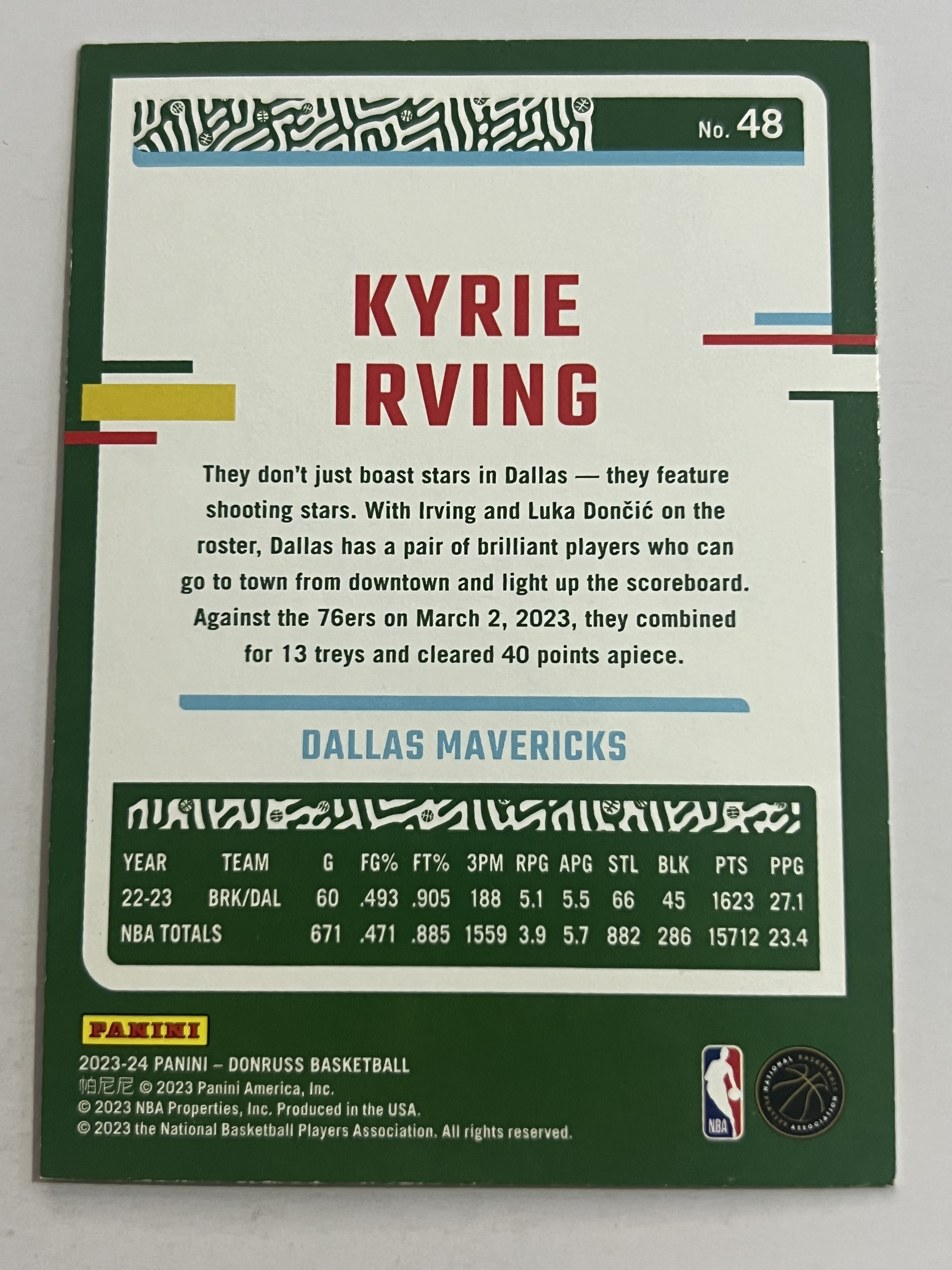2023-24 Panini Donruss Kyrie Irving 凯里 欧文 德鲁大叔 独行侠队 《 热门球星 收藏必备 》 凑套必备 实卡精美 #48
