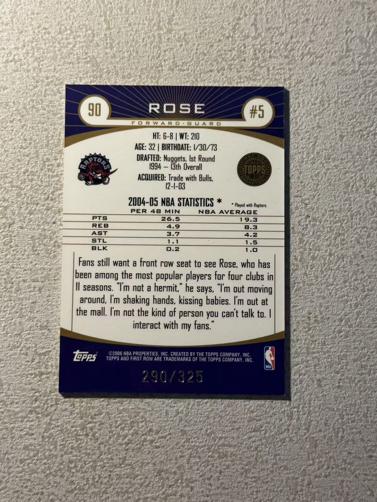 2006 Topps First Row Jalen Rose 猛龙 杰伦 罗斯 名宿 /325编 折射 稀有带编老卡 经典选图 收藏必备