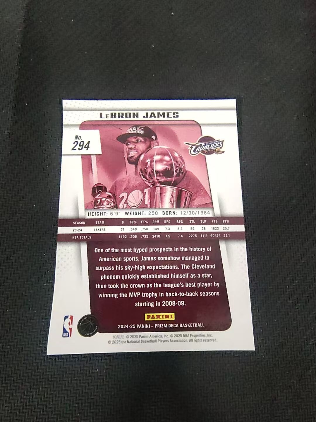 【可合并,不累计】2024-25 Panini Prizm LeBron James DECA PZ 热火 勒布朗 詹姆斯 老詹 复刻 MVP 捧杯 划痕 边角瑕疵 #294