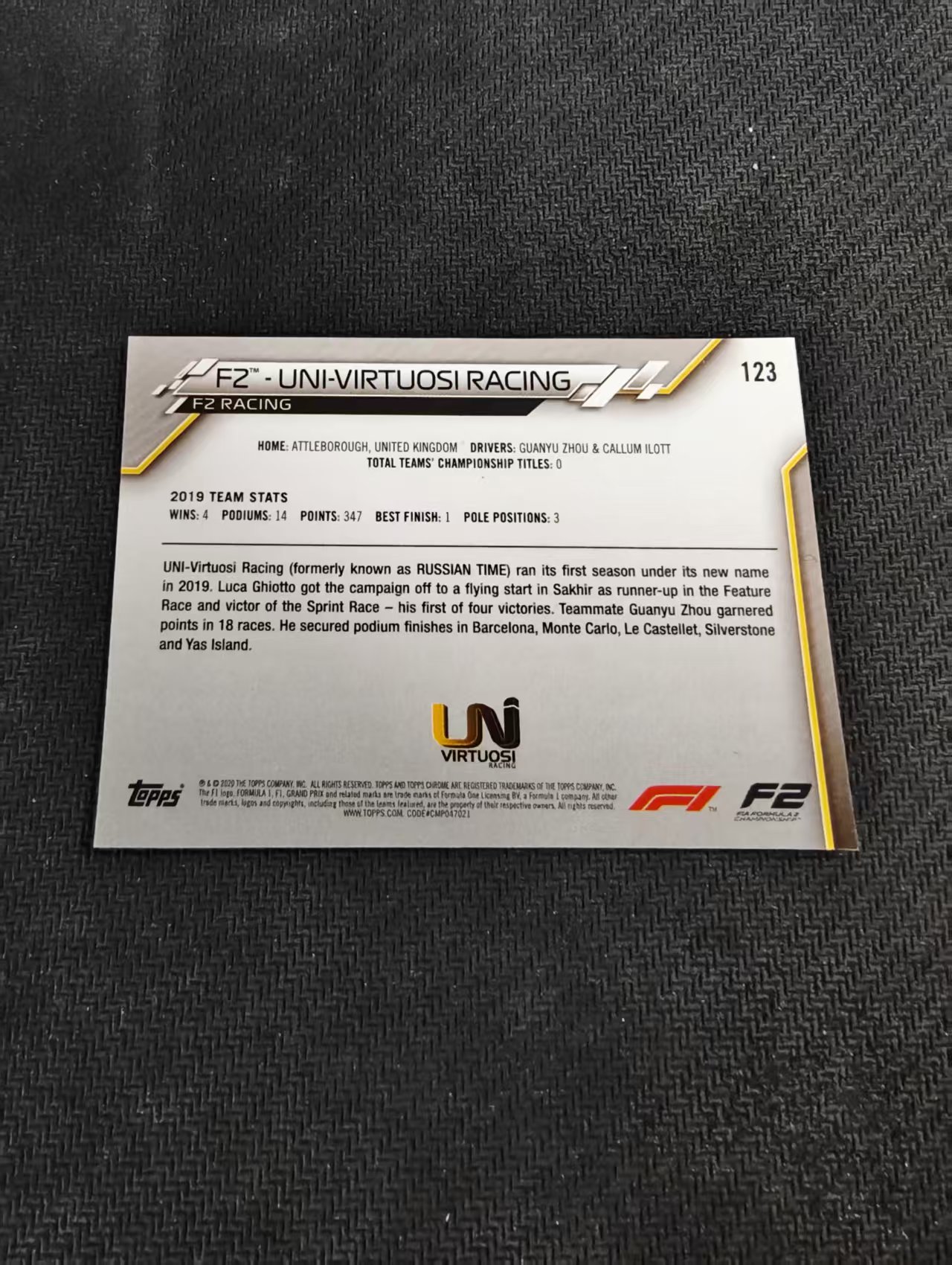 【汽水拍卖】2020 Topps Chrome F1 元年 方程式赛车 F2 UNI-Virtuosi 车队 队标特卡 蓝宝石 碎冰折