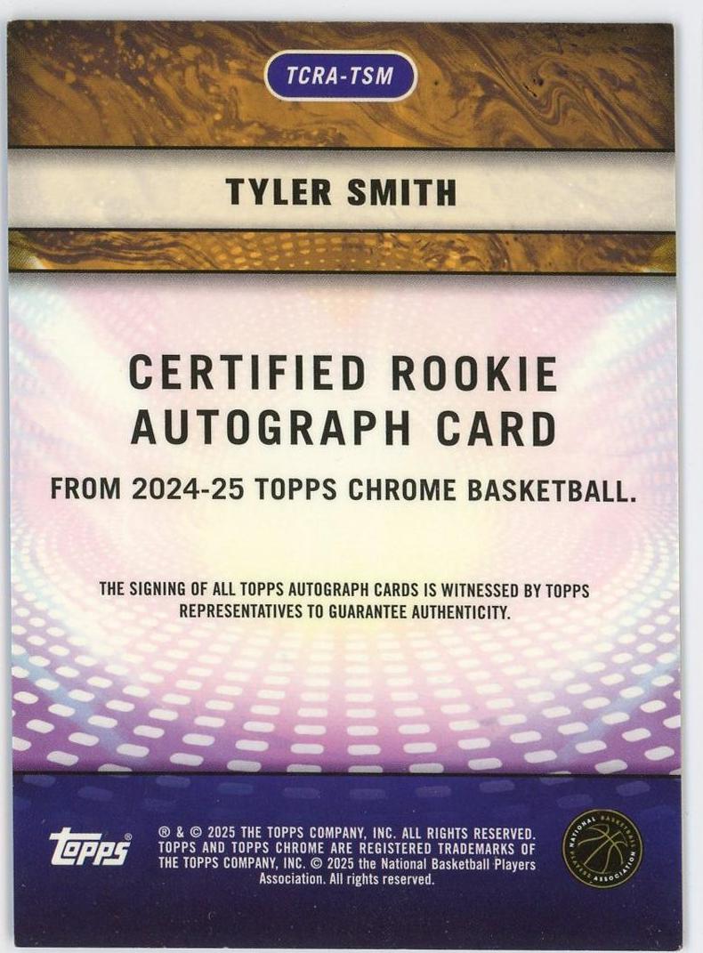 2024-25 Topps Chrome Tyler Smith RC 泰勒史密斯 新秀 TC 签字 10编 黑折 折射 认证签 雄鹿 卡品如图 0YQ3/11.16
