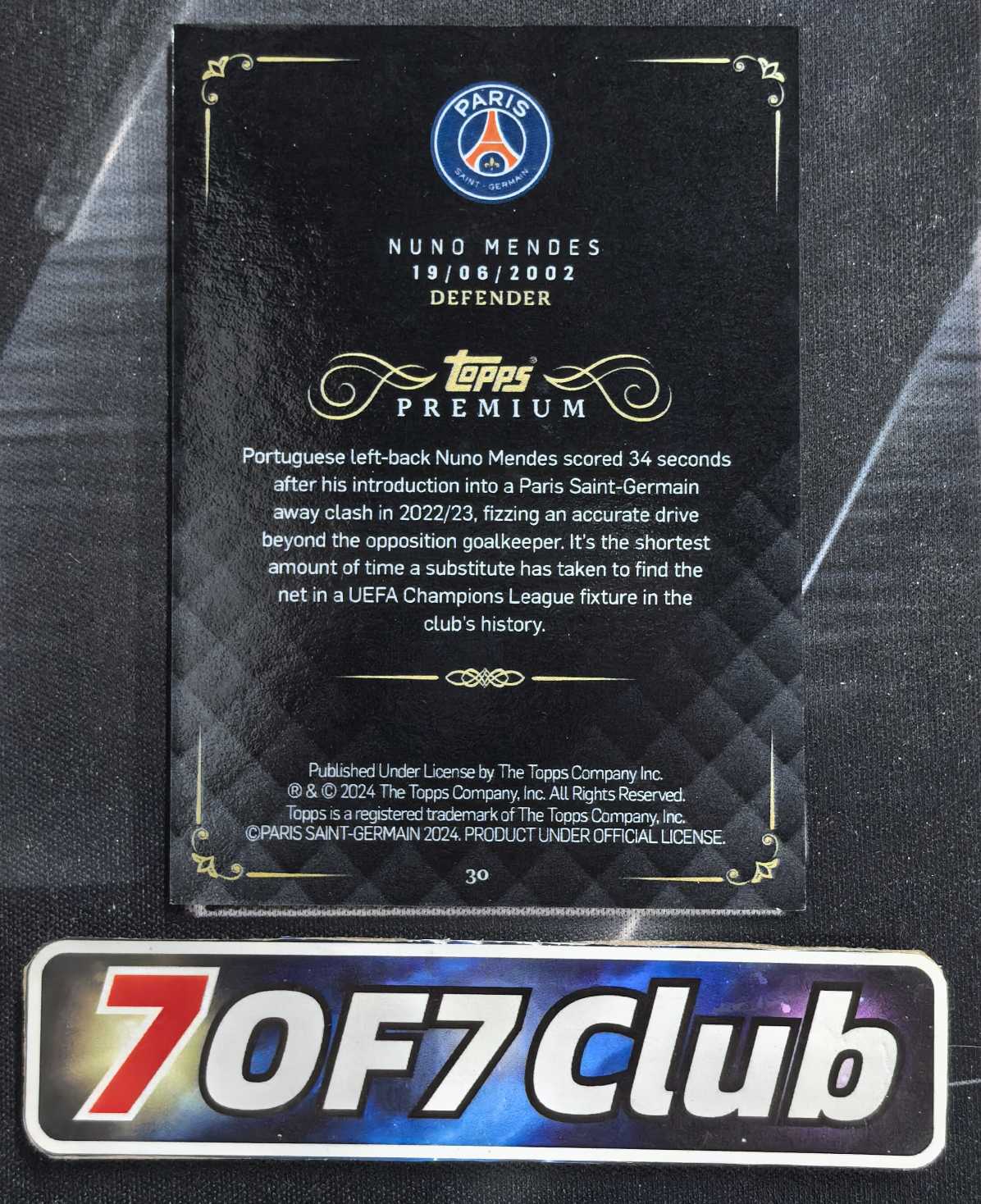 【7OF7Club拍卖】巴黎手提 Nuno Mendes 努诺 门德斯 10编 黑平行 巴黎圣日耳曼 世一边 卡品如图 略伦特11